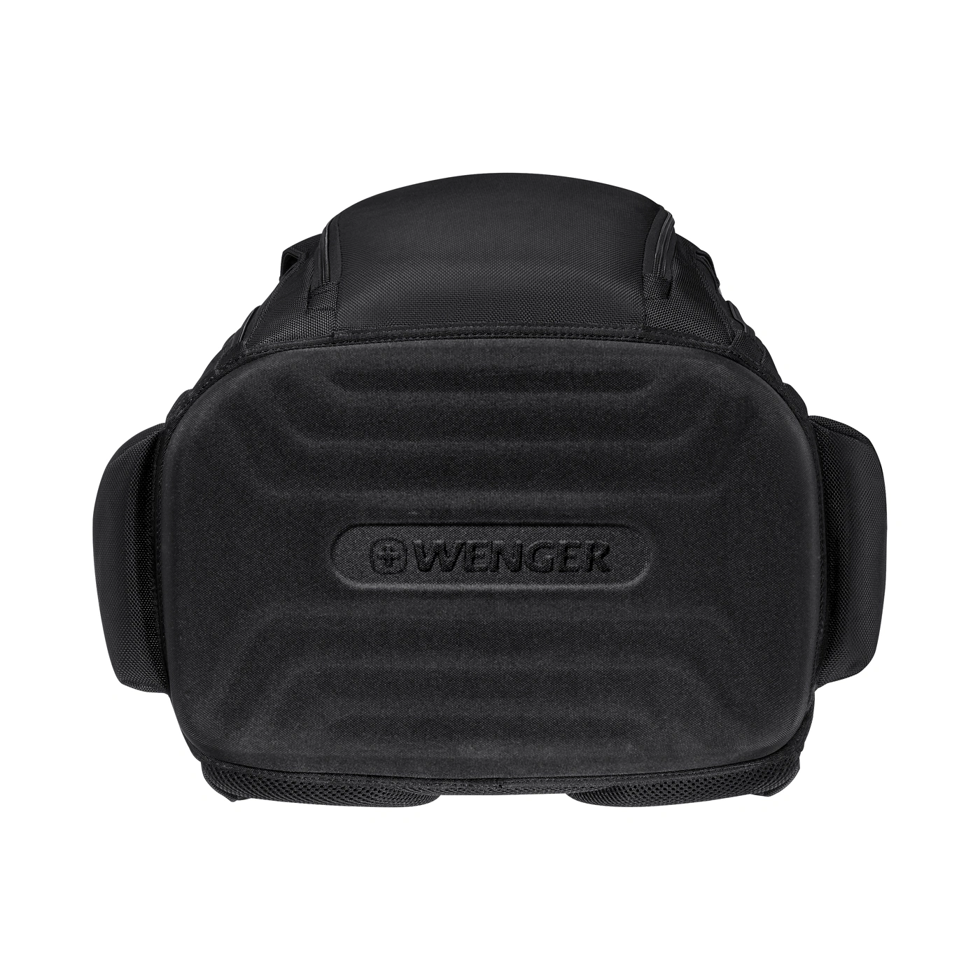 Black Wenger backpack from above, with padded front and side pockets.