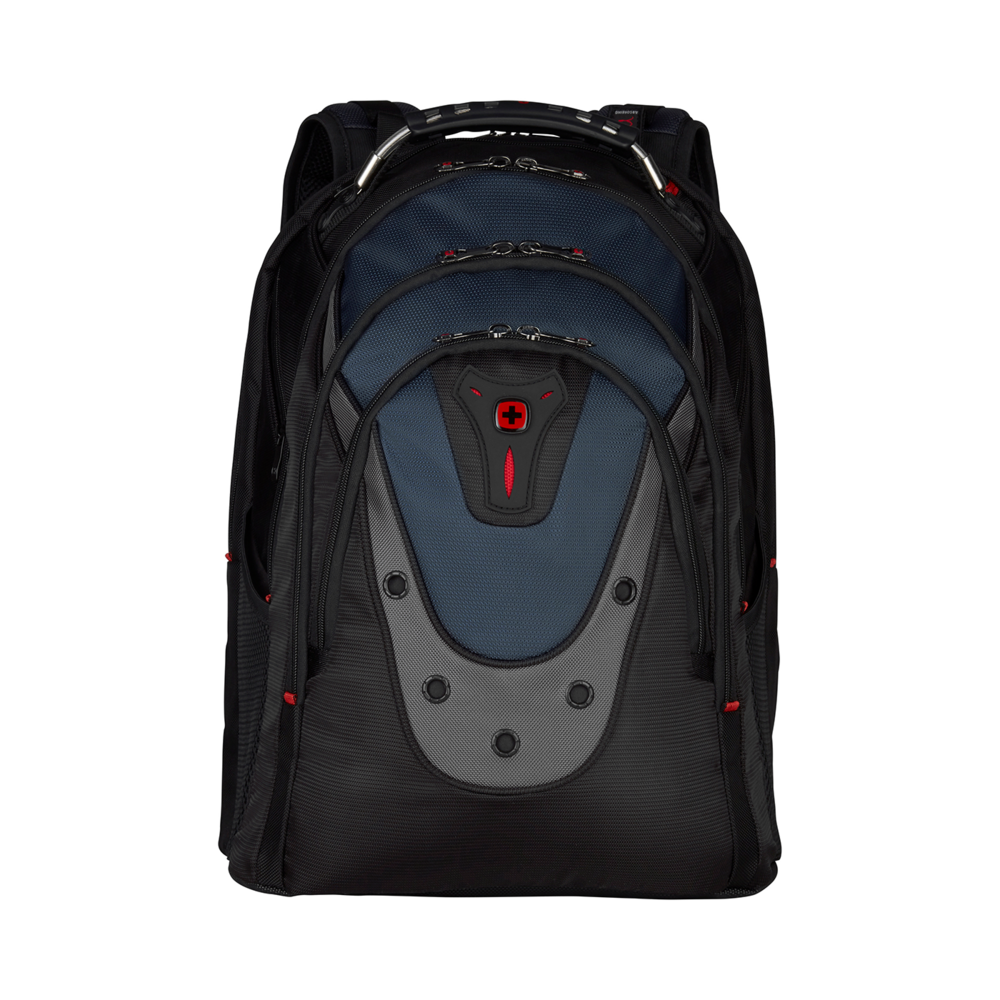 Black backpack with blue and gray accents, red cross logo, isolated on black