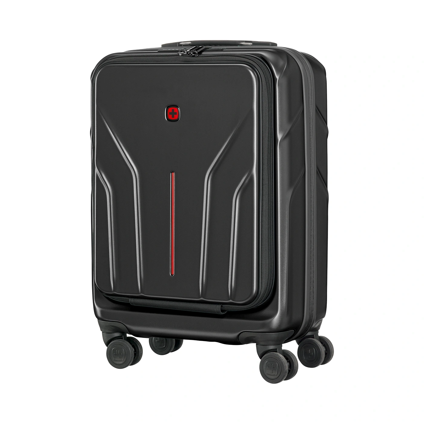 Black suitcase with red accents and wheels, isolated on a white background.