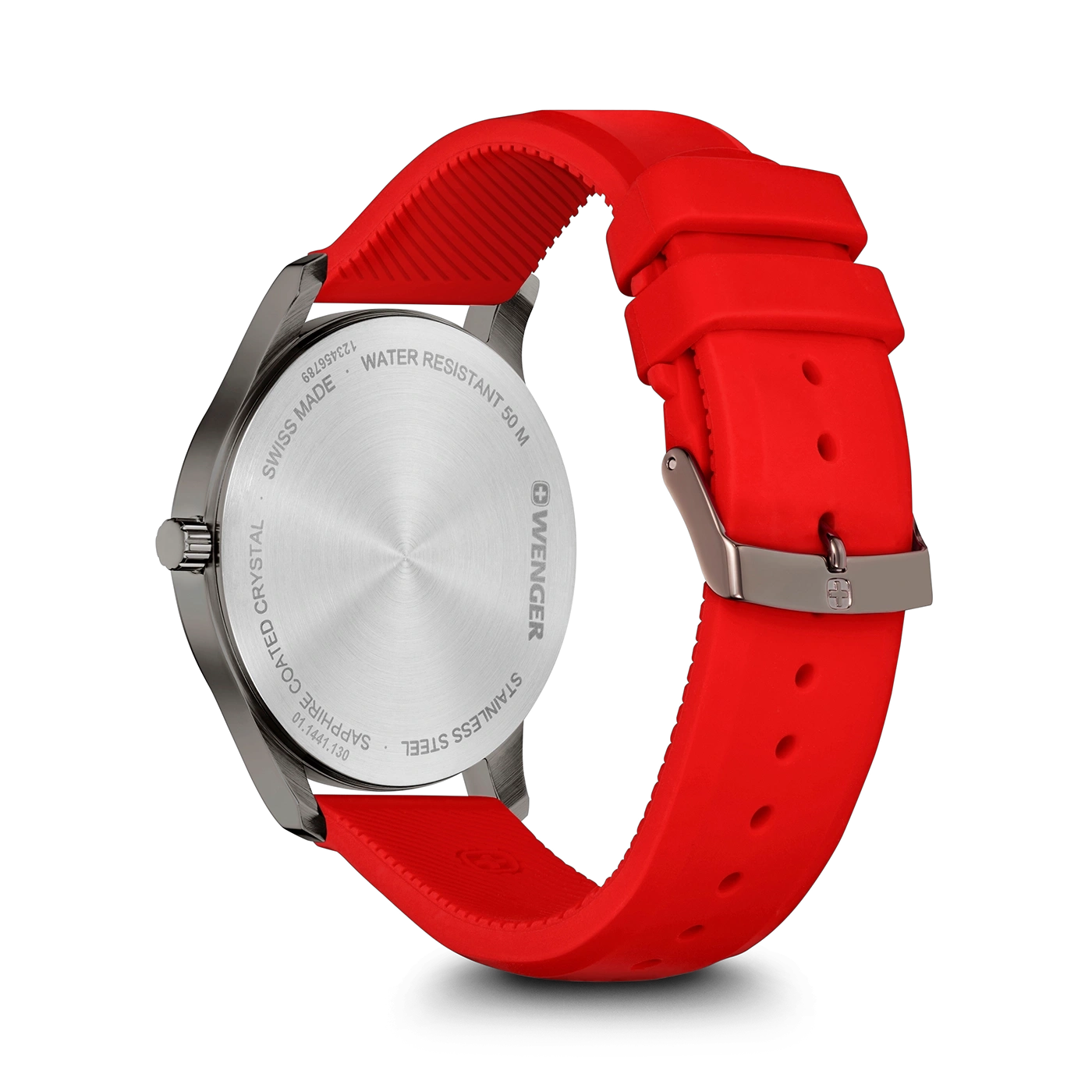 Red watch with stainless steel case and red strap, close-up, black background.