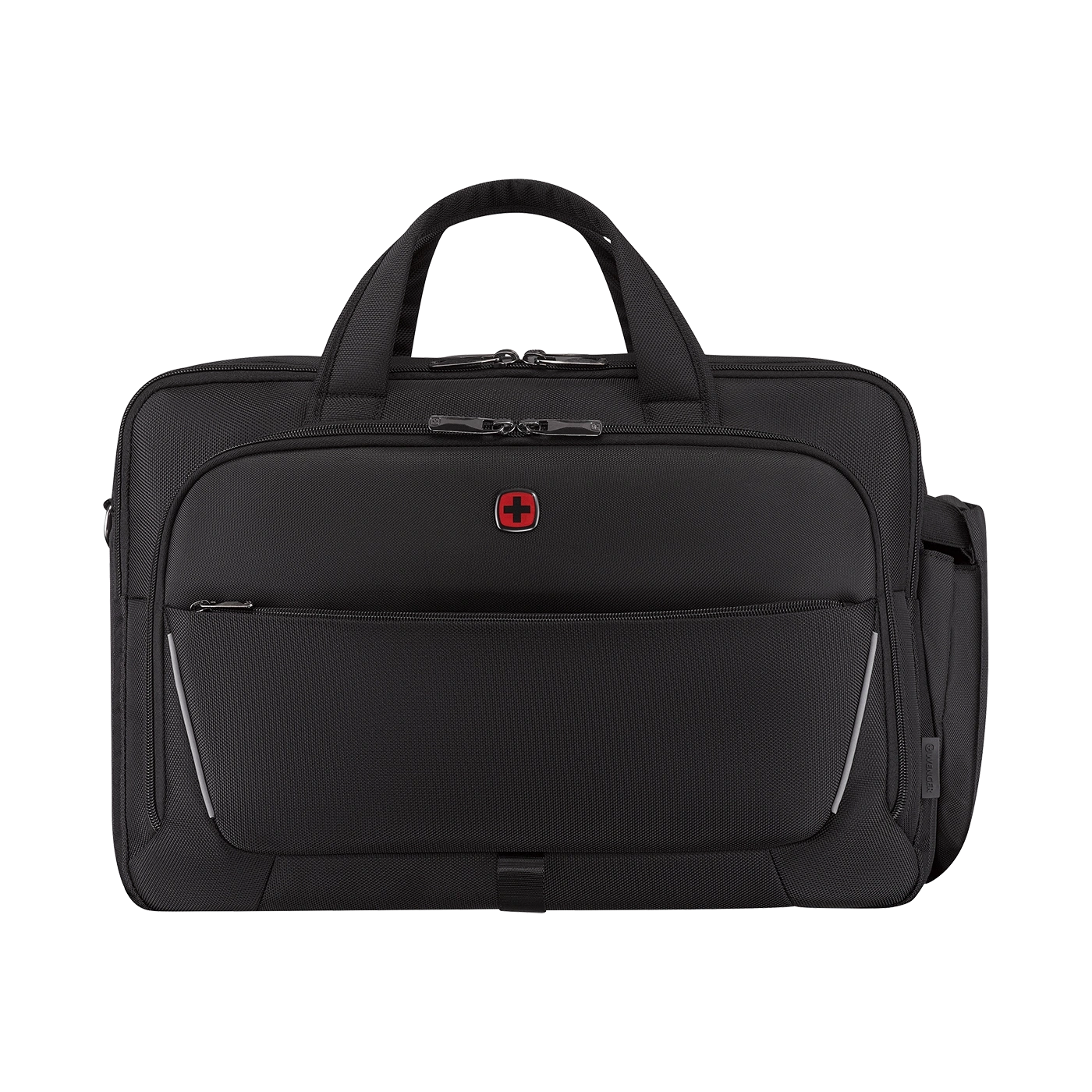 Black briefcase with red cross logo, zippers, and a handle for carrying
