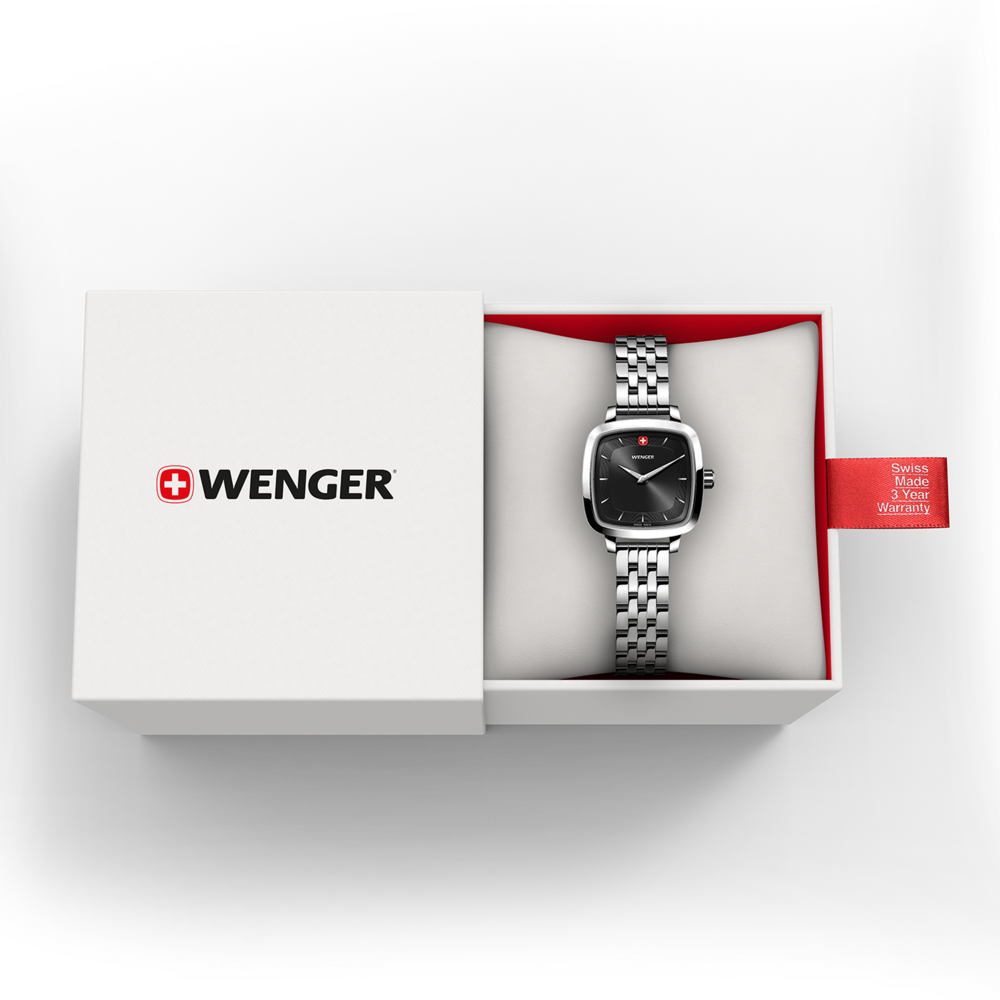 Wenger watch in a box. Black dial, silver bracelet, 3-year warranty. Swiss made.
