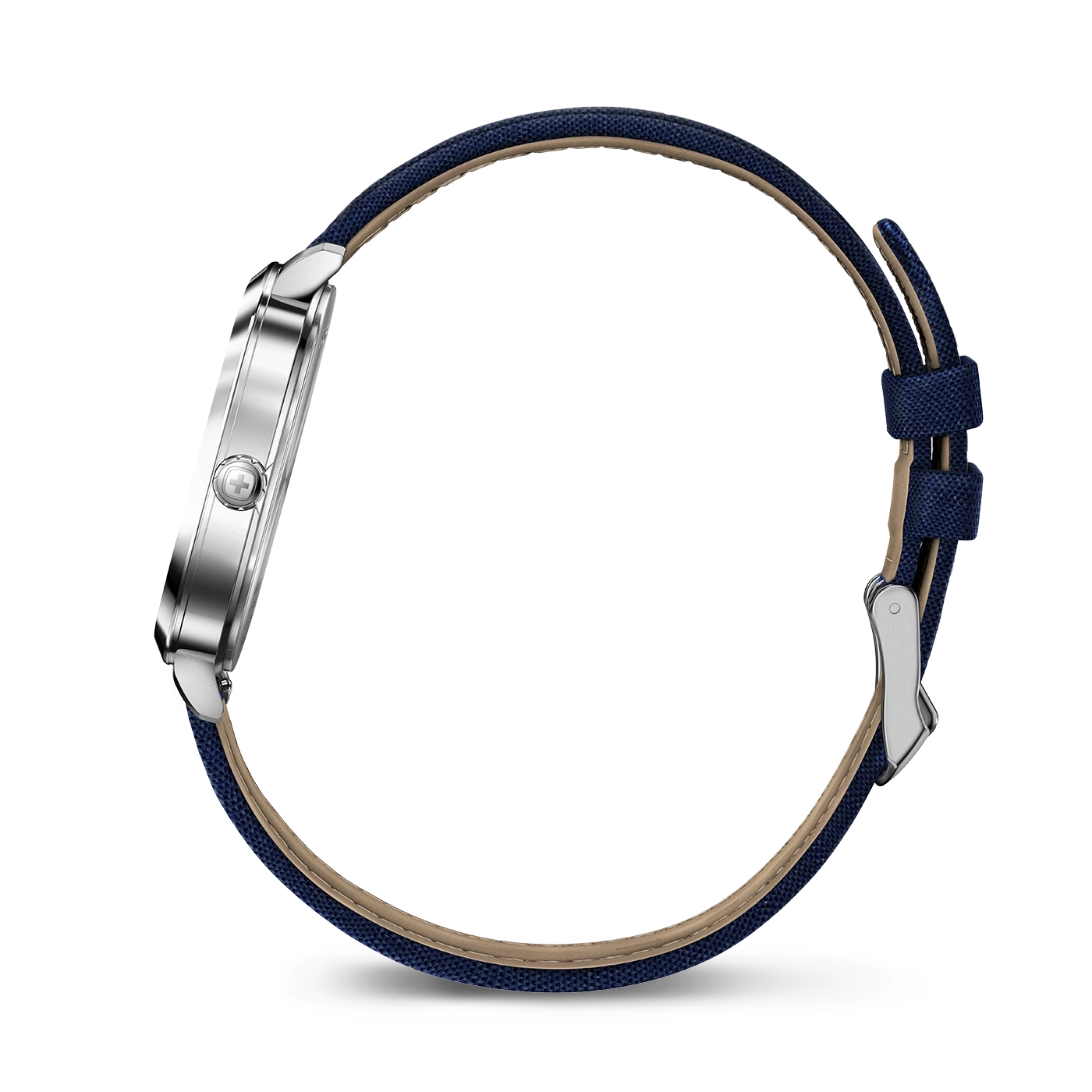 Close-up of a watch with a blue fabric strap and silver case