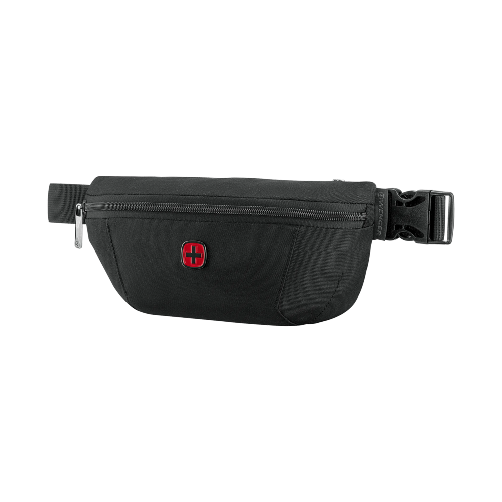 Black fanny pack with zipper and red cross on a black background.