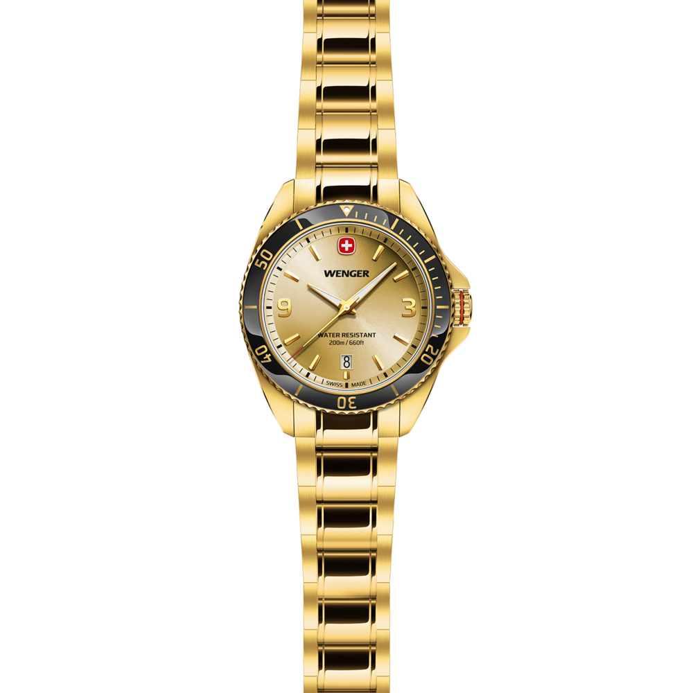 Golden Wenger watch with black bezel and date display. Swiss made design.