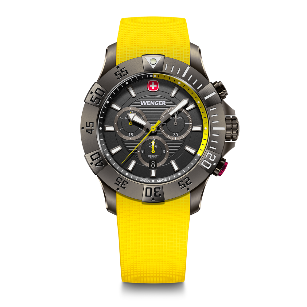 Wenger watch with yellow strap and black dial, Swiss made design, chronograph.