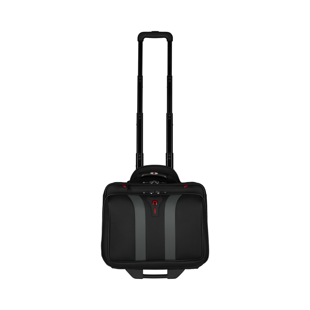 Black rolling laptop bag with retractable handle on a black background, ready to travel.