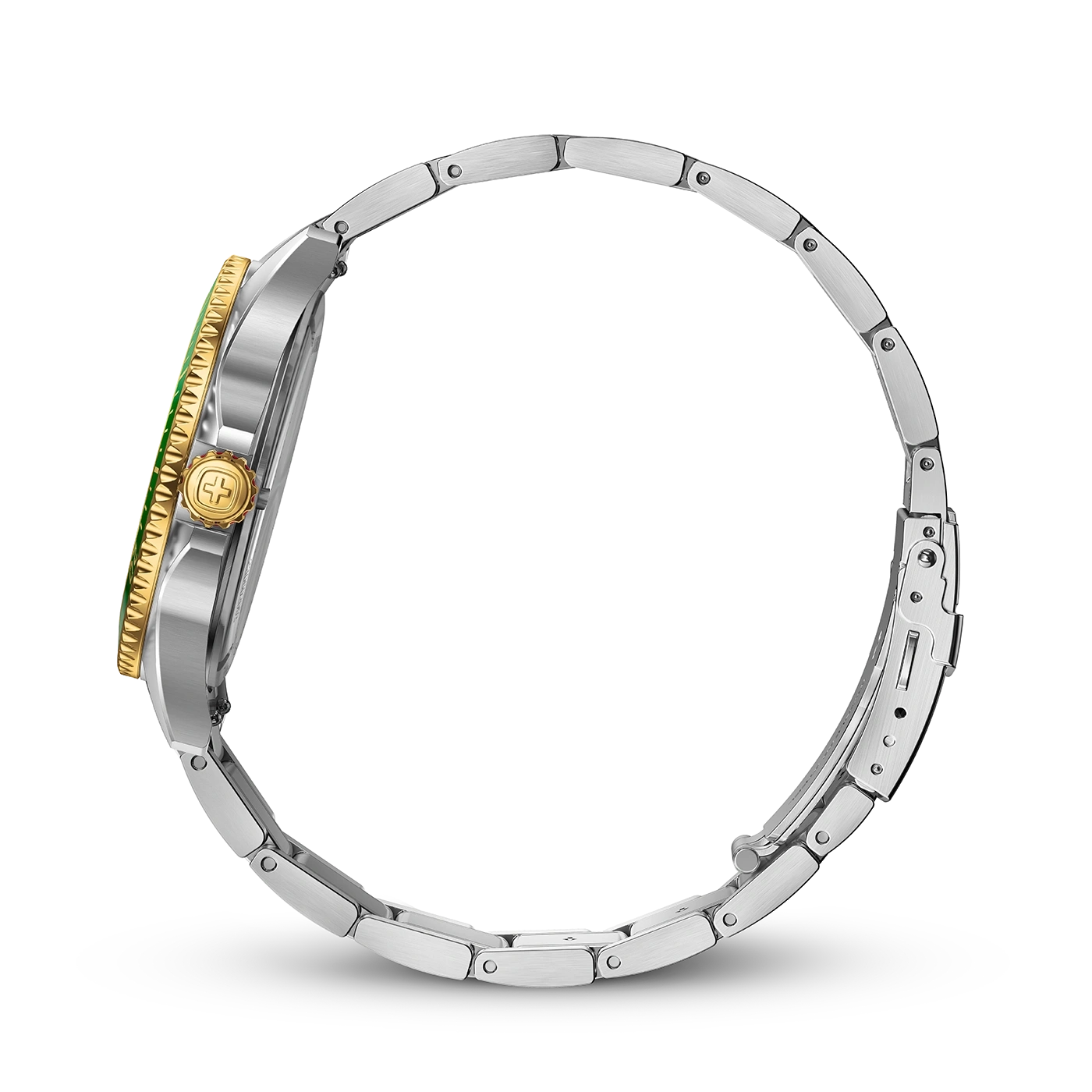 Watch with gold and silver details, green dial, and a metallic bracelet