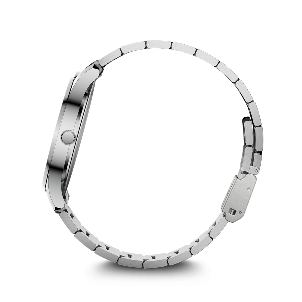 Silver wristwatch in profile on a white background