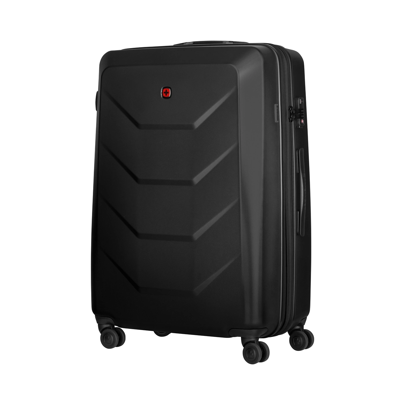 Black suitcase with red logo on black background, luggage for travel