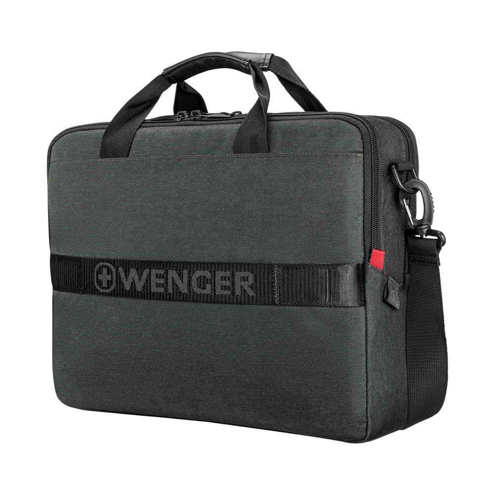 Dark gray briefcase with shoulder strap and WENGER logo on a black background.