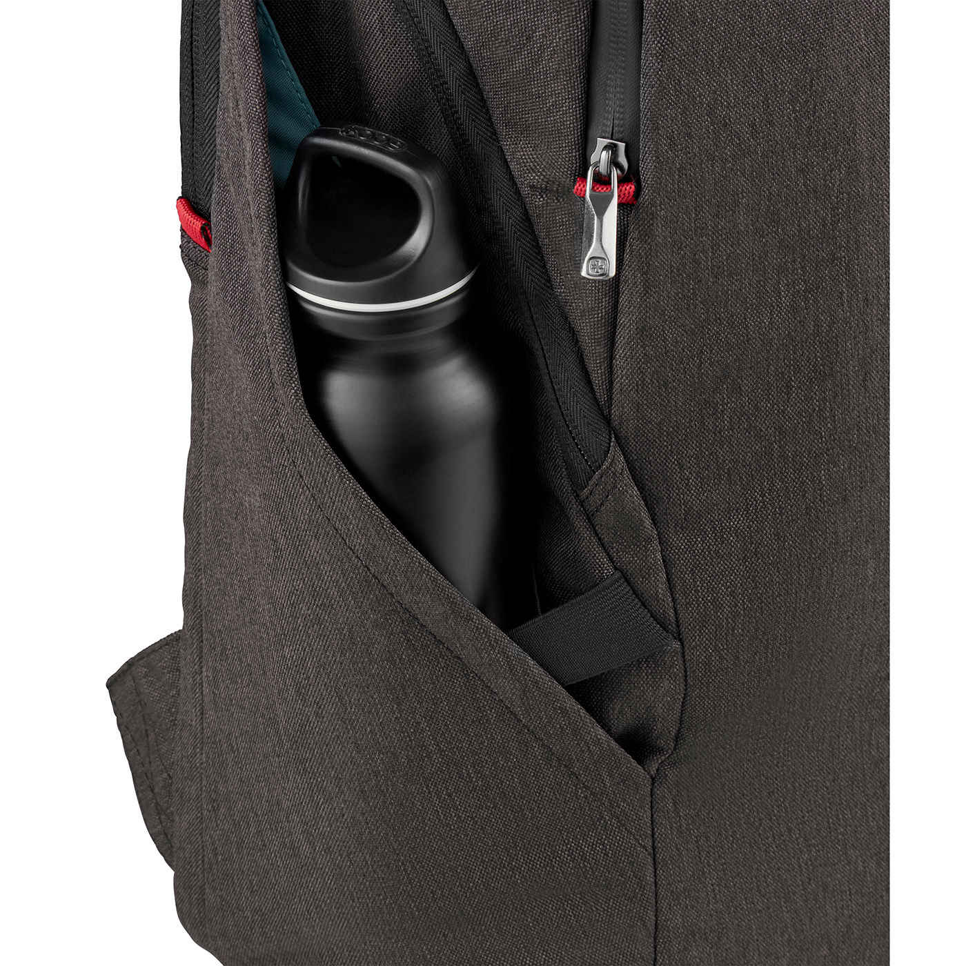 Black water bottle in a gray backpack pocket with a zipper and red accents.