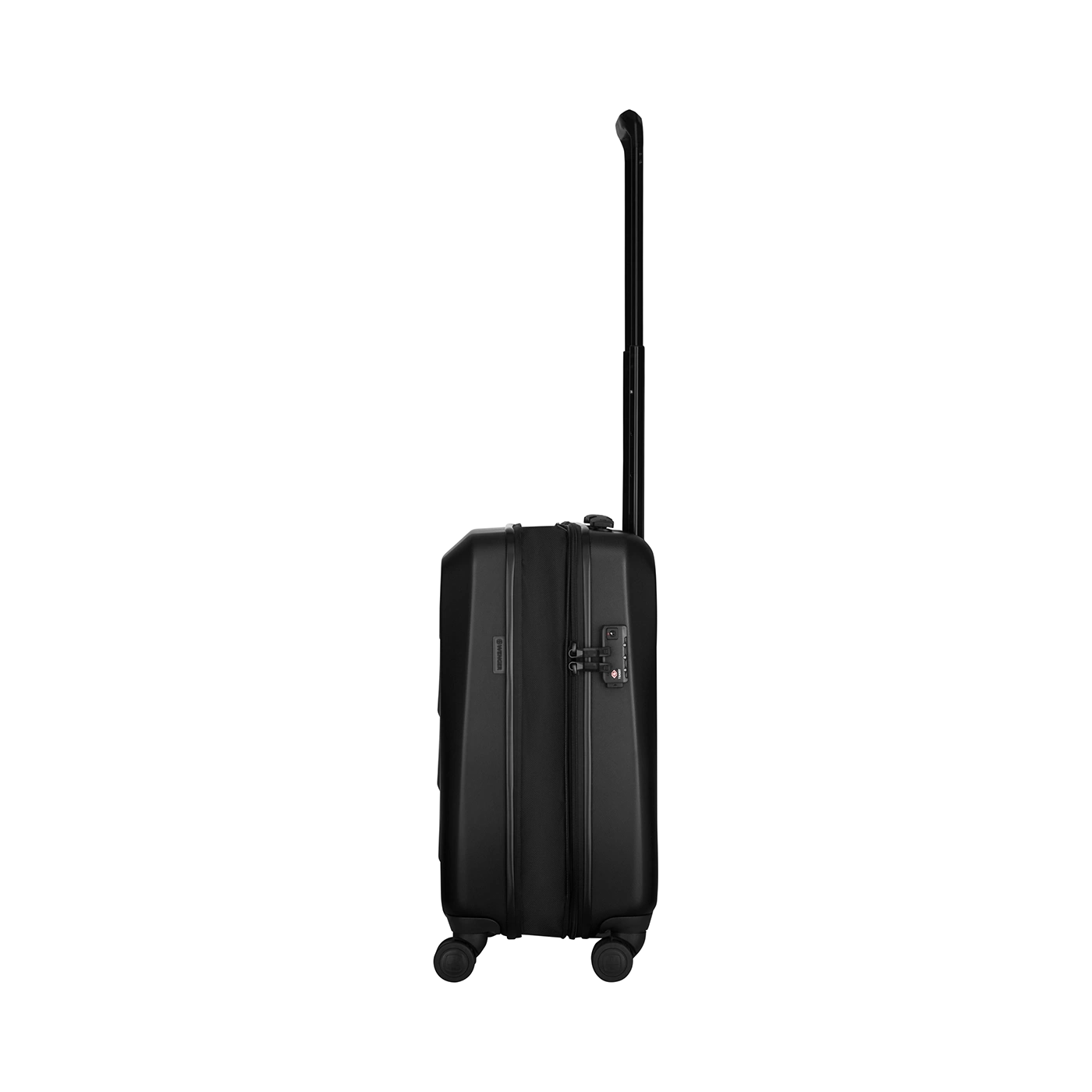 Black suitcase with retractable handle and wheels, ready for travel and adventures.