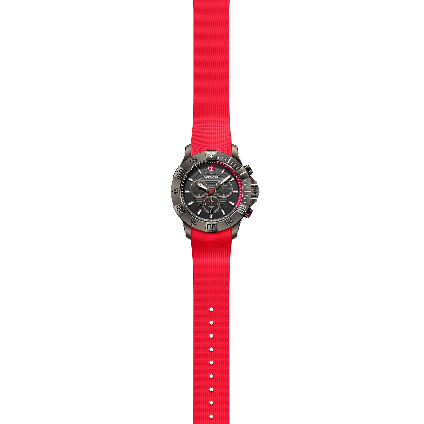 Wenger Uhr mit rotem Armband, schwarzem Zifferblatt und silbernem Gehäuse