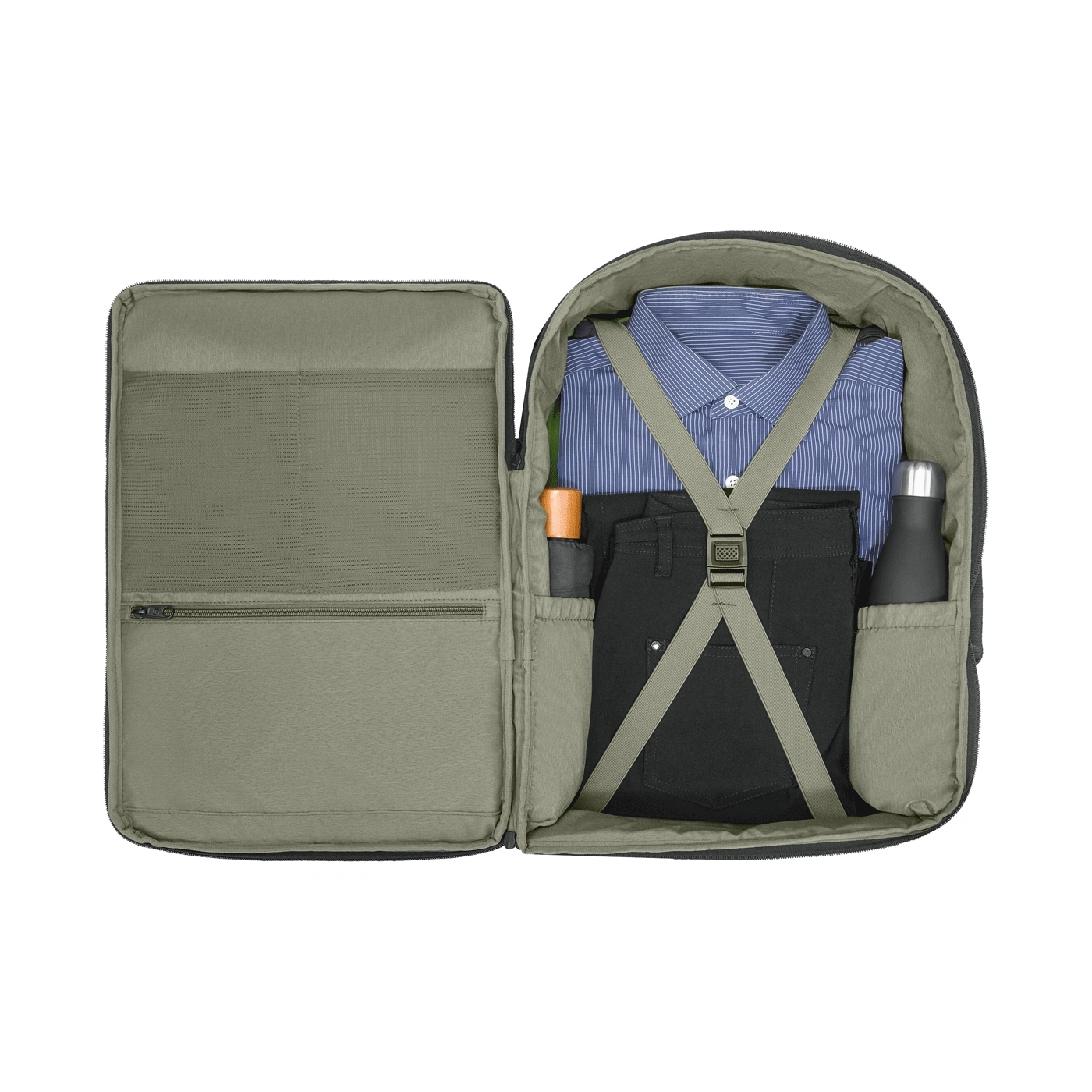 Open suitcase with clothes and bottle