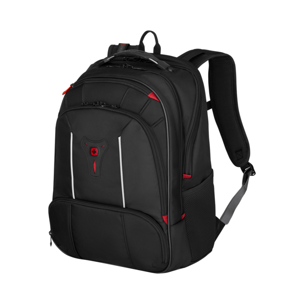Black backpack with red accents and white stripe on a black background.