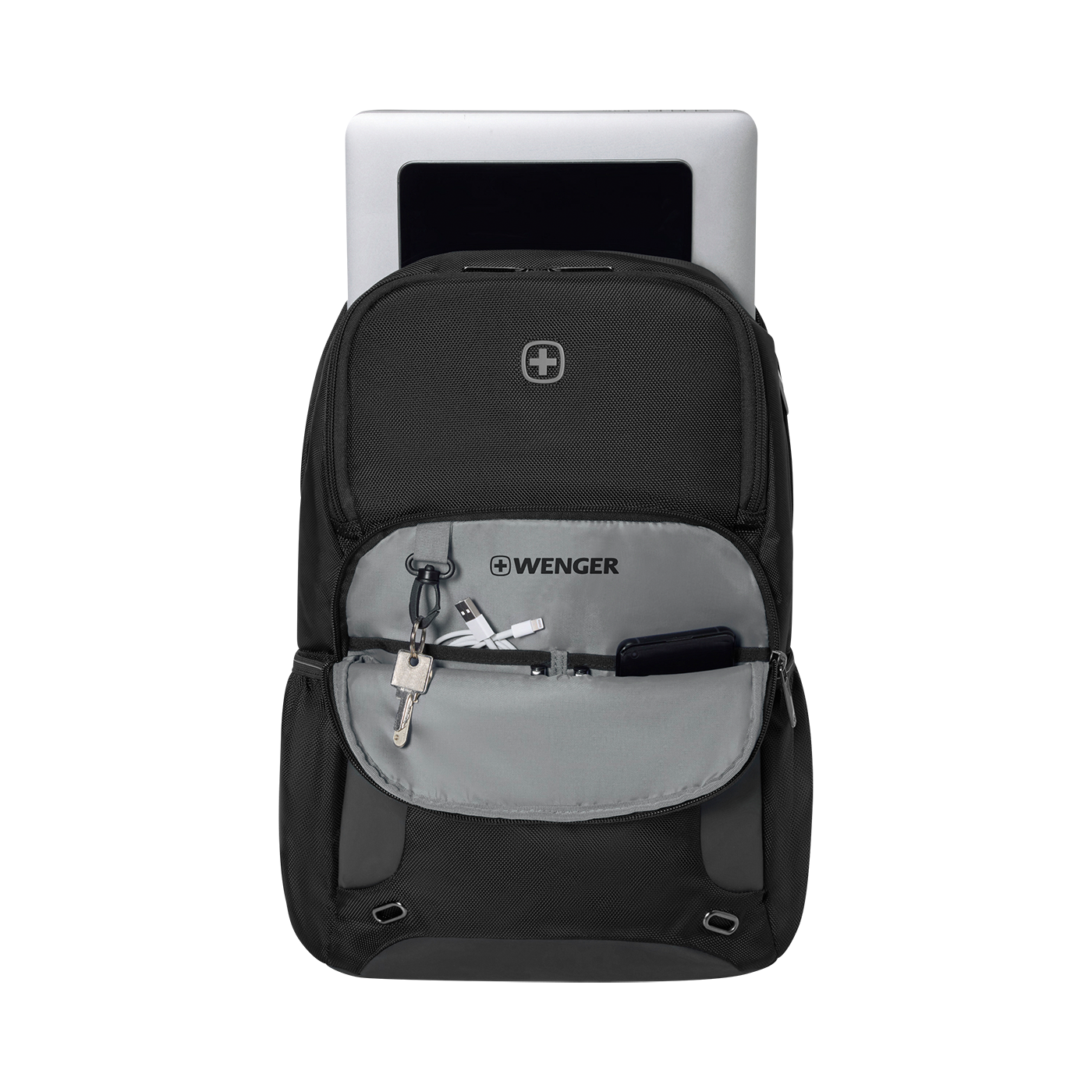 Black backpack with laptop and accessories, Wenger logo, open pocket