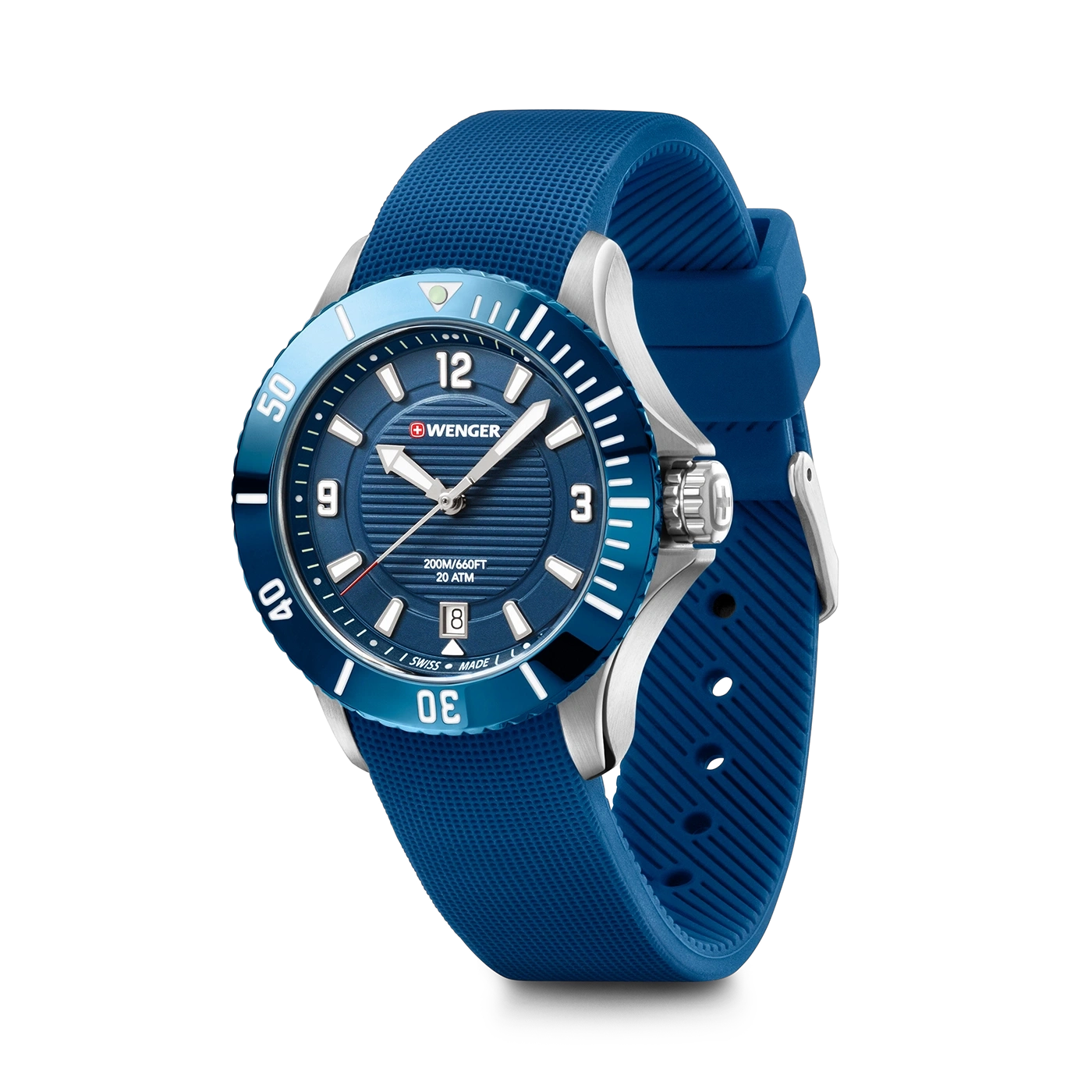Blue Wenger watch with blue strap, black background, close-up shot, details.