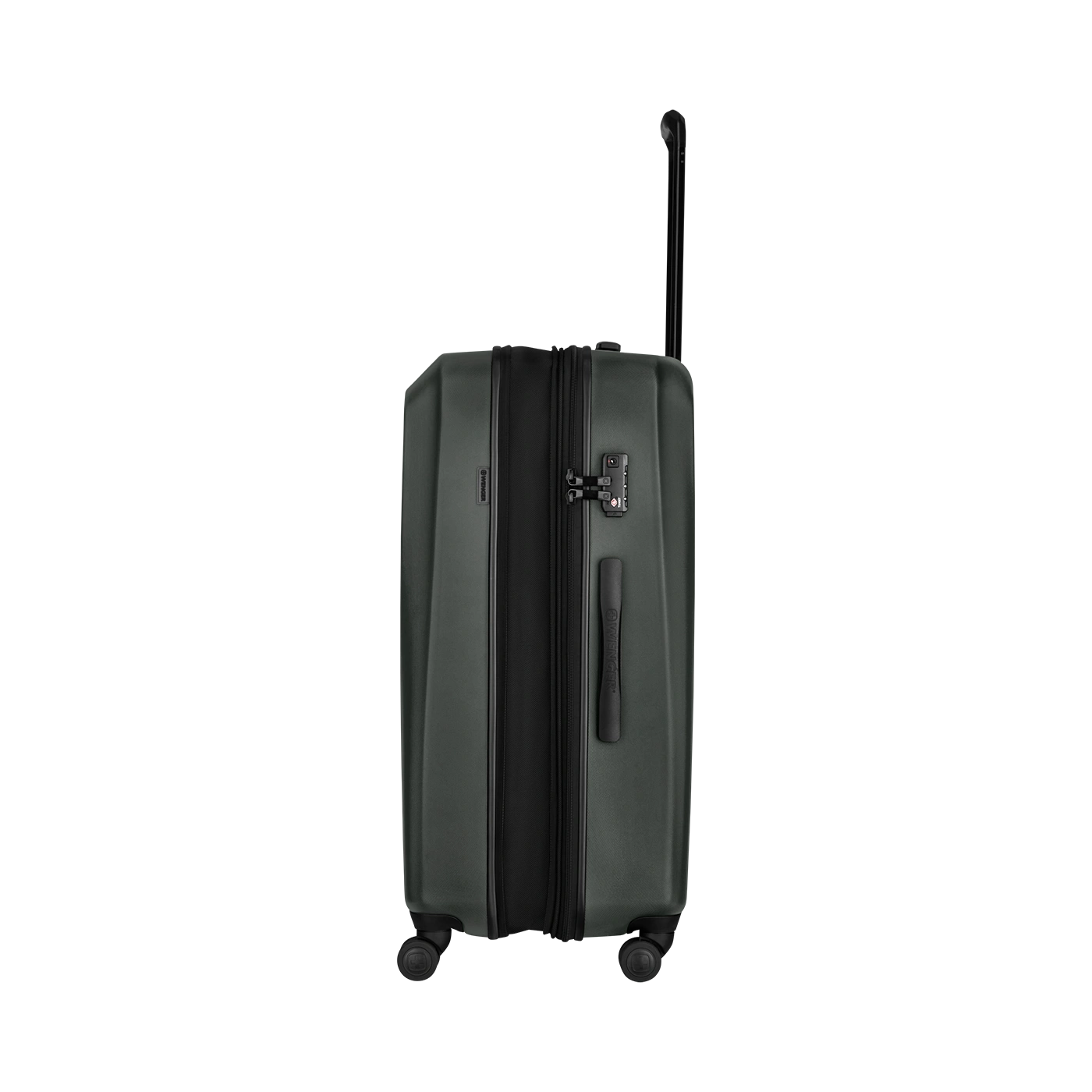 Dark green suitcase with black zipper and handle, wheels, and lock for travel.