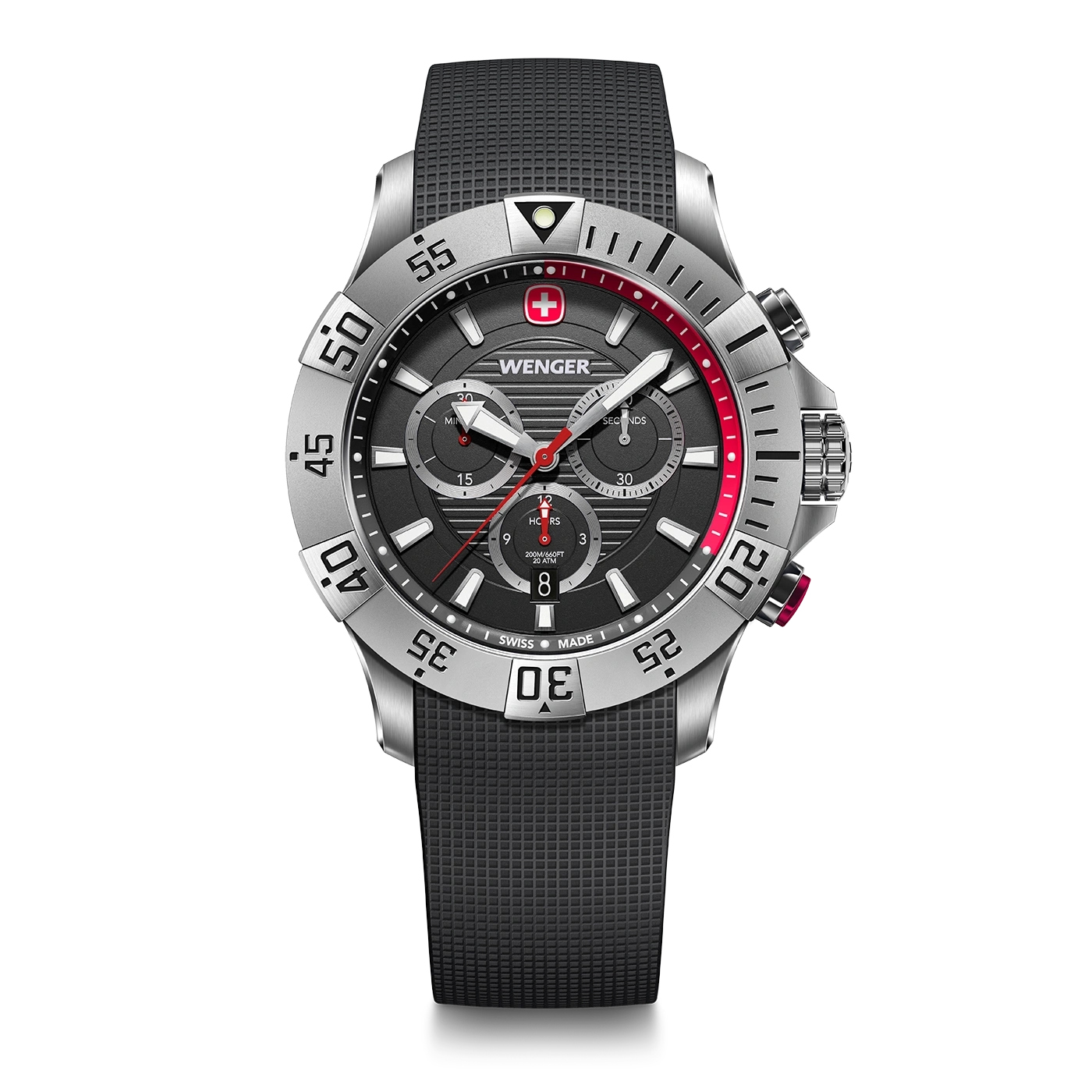 Wenger watch, black, red, silver, chronograph, Swiss Made, 20 ATM, men's watch, wristwatch