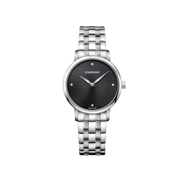 Wenger women's watch with black dial and silver bracelet, elegant design.