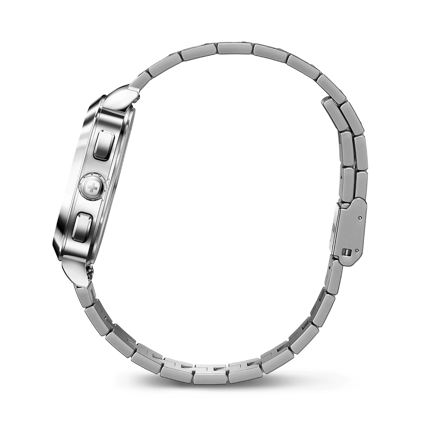 Uhr mit Metallarmband, Seitenansicht, silberfarben, Detailaufnahme, isoliert