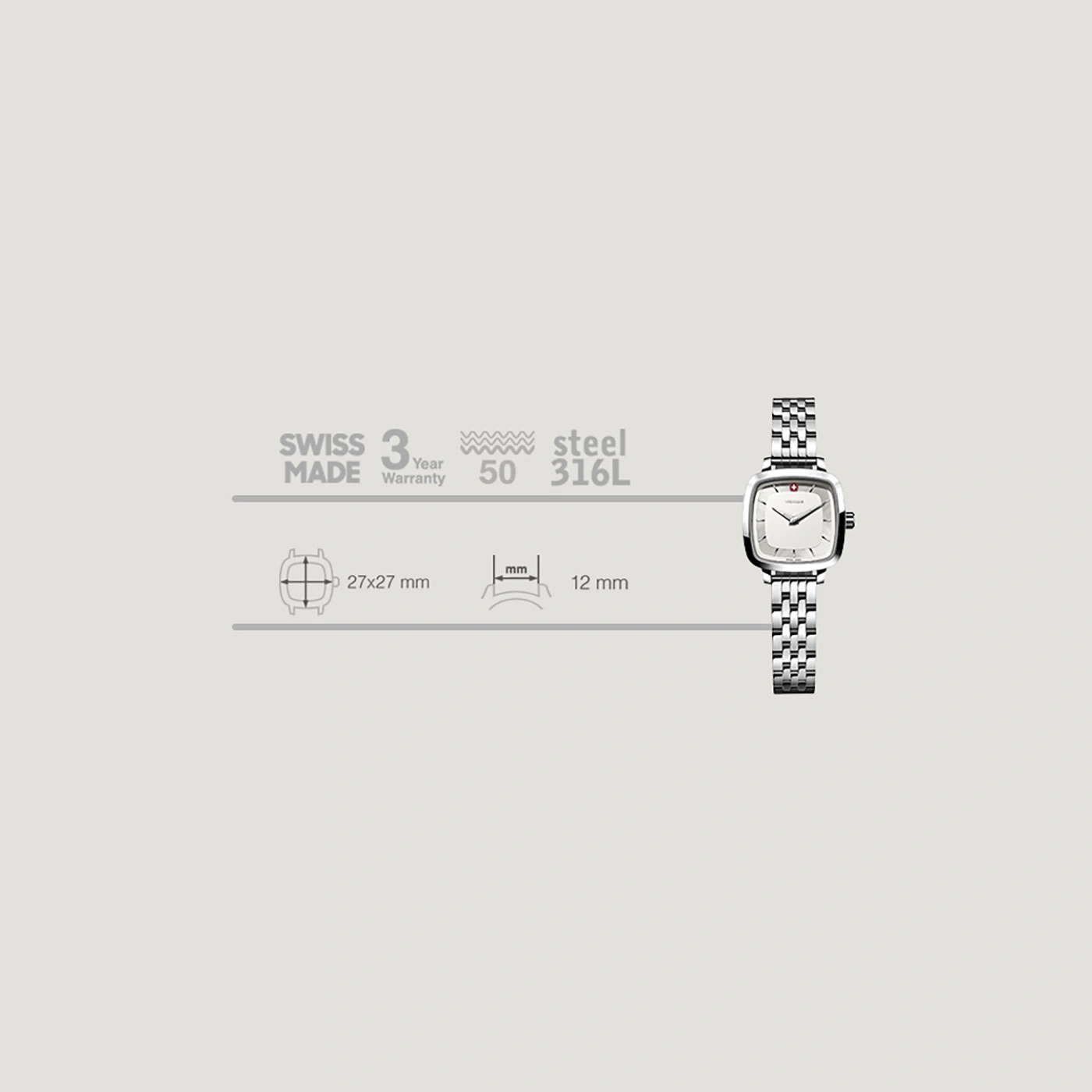 Schweizer Uhr, Stahl, 3 Jahre Garantie, 27x27mm, 12mm, 50m wasserdicht