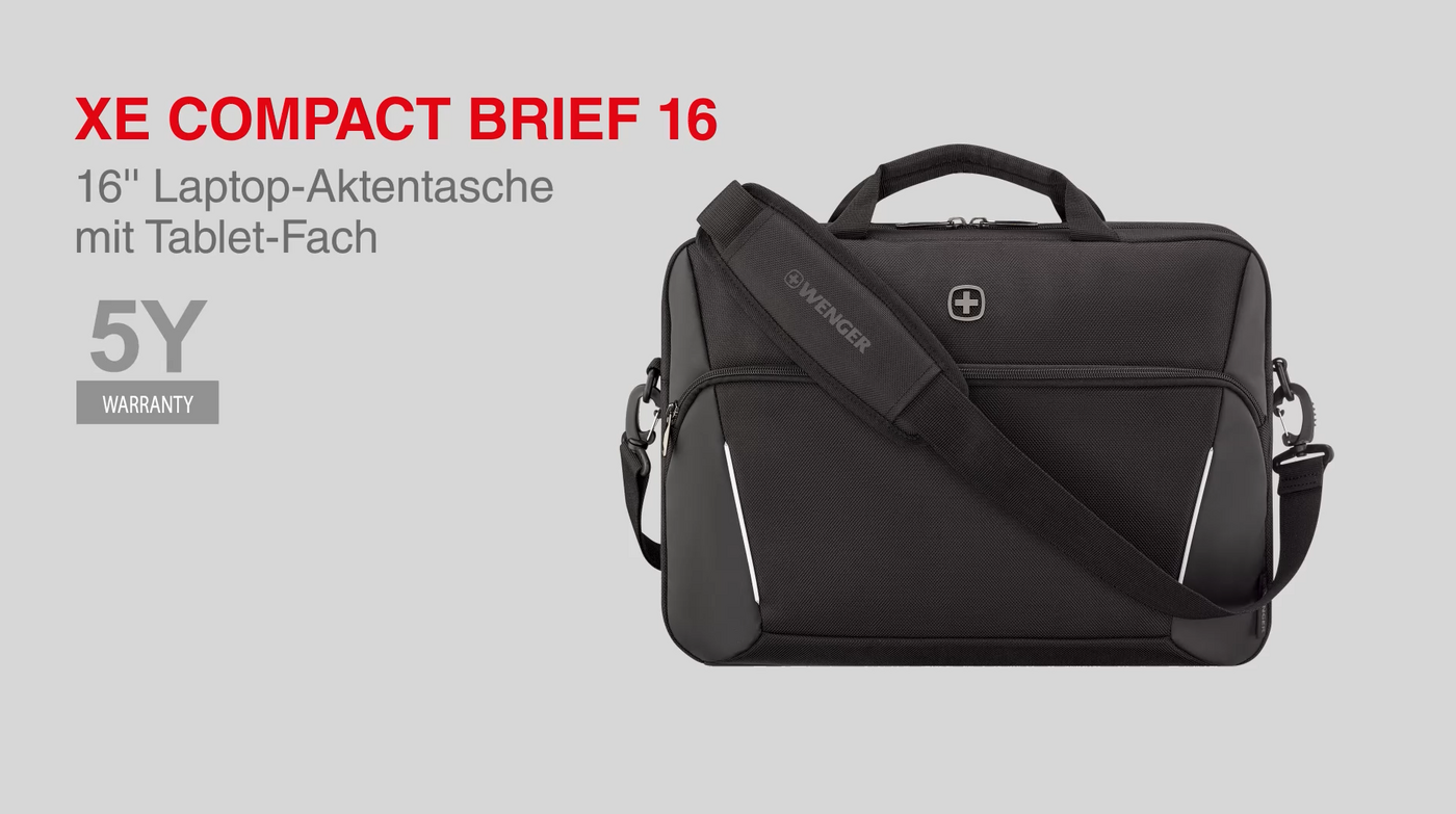 Black laptop bag with 5-year warranty and tablet compartment by Wenger.