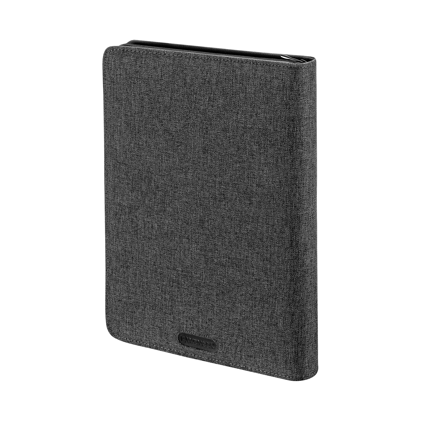 Gray fabric tablet case with Wenger logo, closed, isolated on white background.