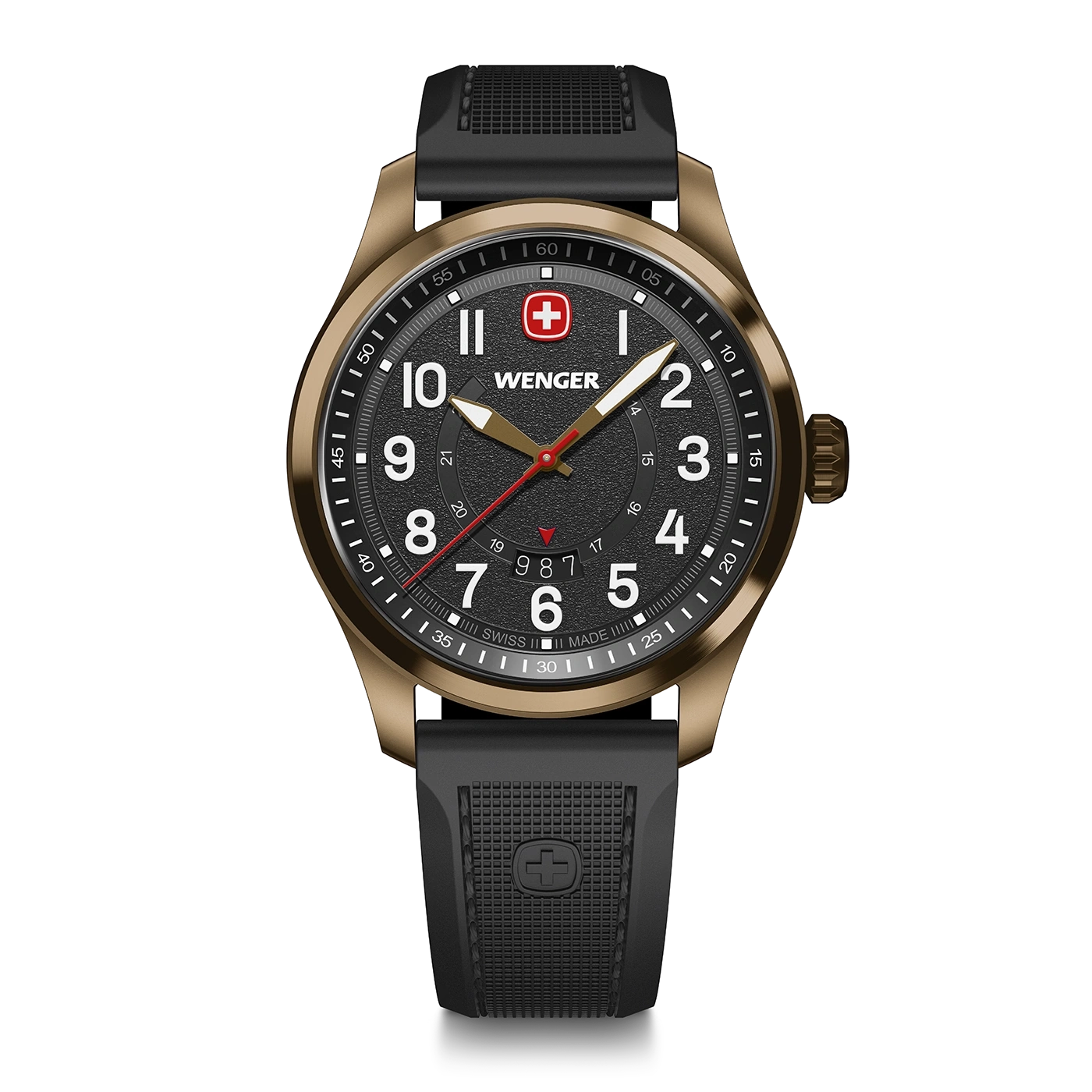 Wenger watch with black dial and gold case, black strap, Swiss made, time.