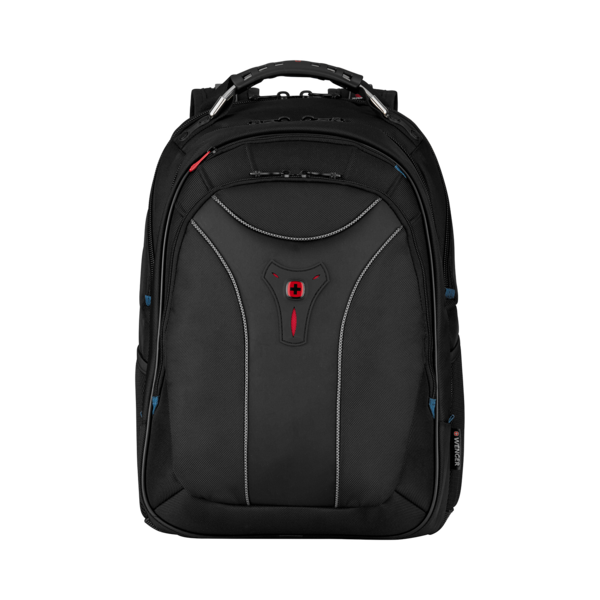 Black backpack with red accents and a Swiss cross logo on the front