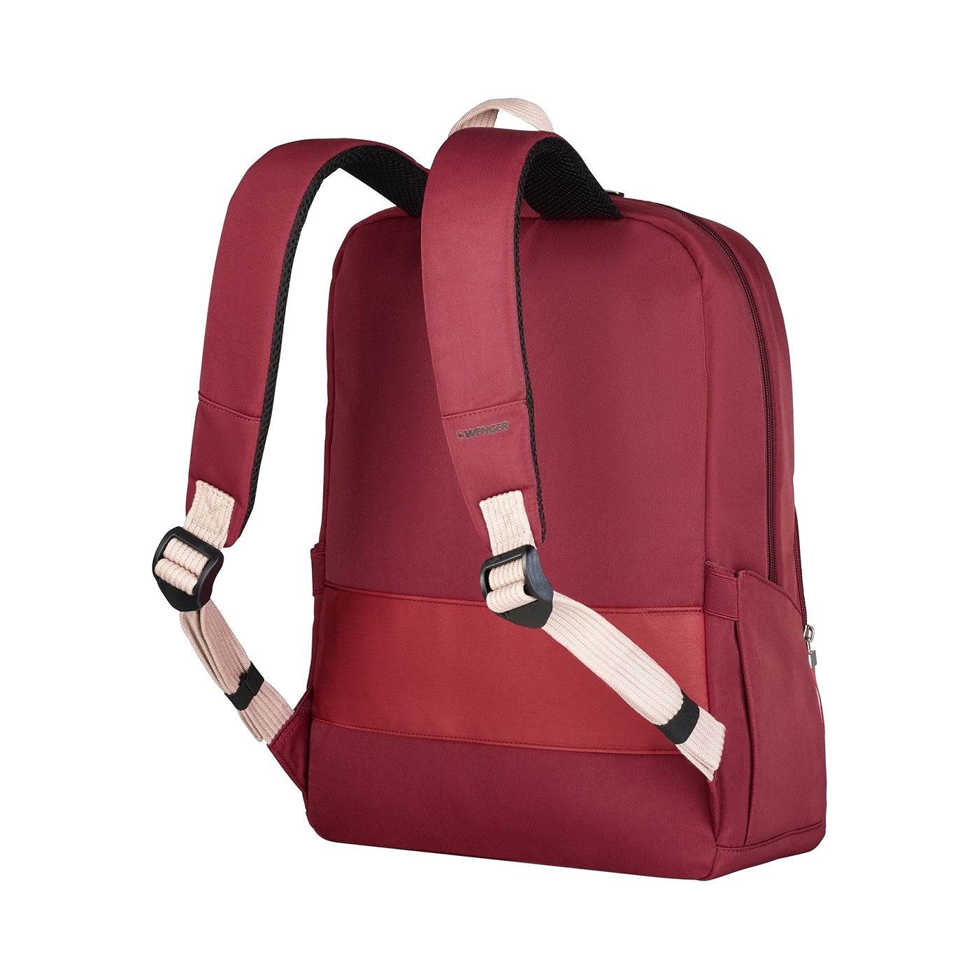 Red backpack with light straps on black background, Wenger logo visible.