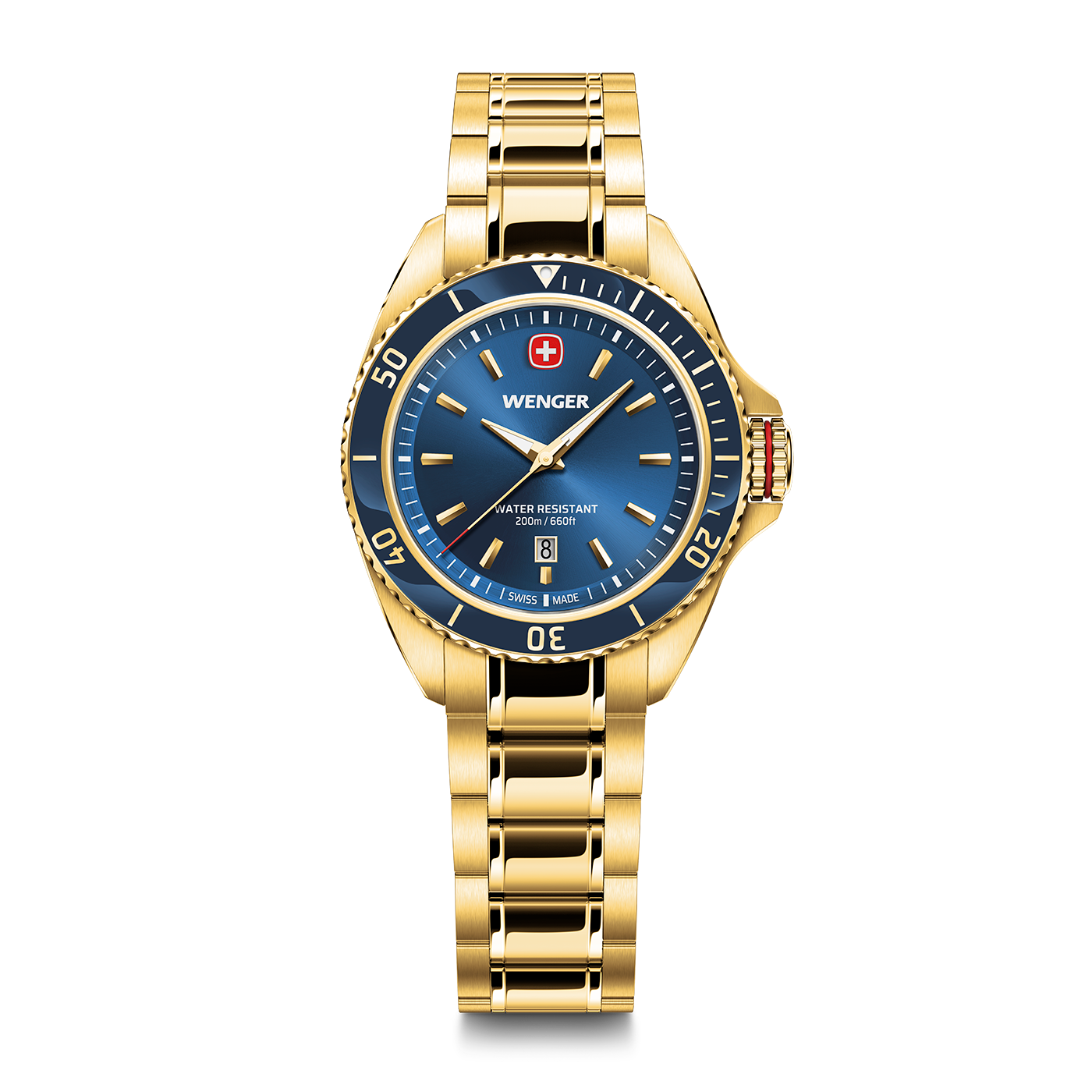 Gold Wenger wristwatch with blue dial and date window.