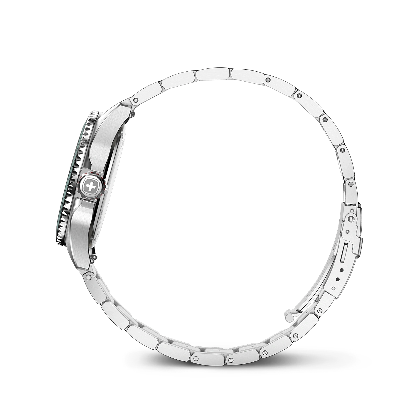 A close-up of a silver metal watch bracelet forming a circle.