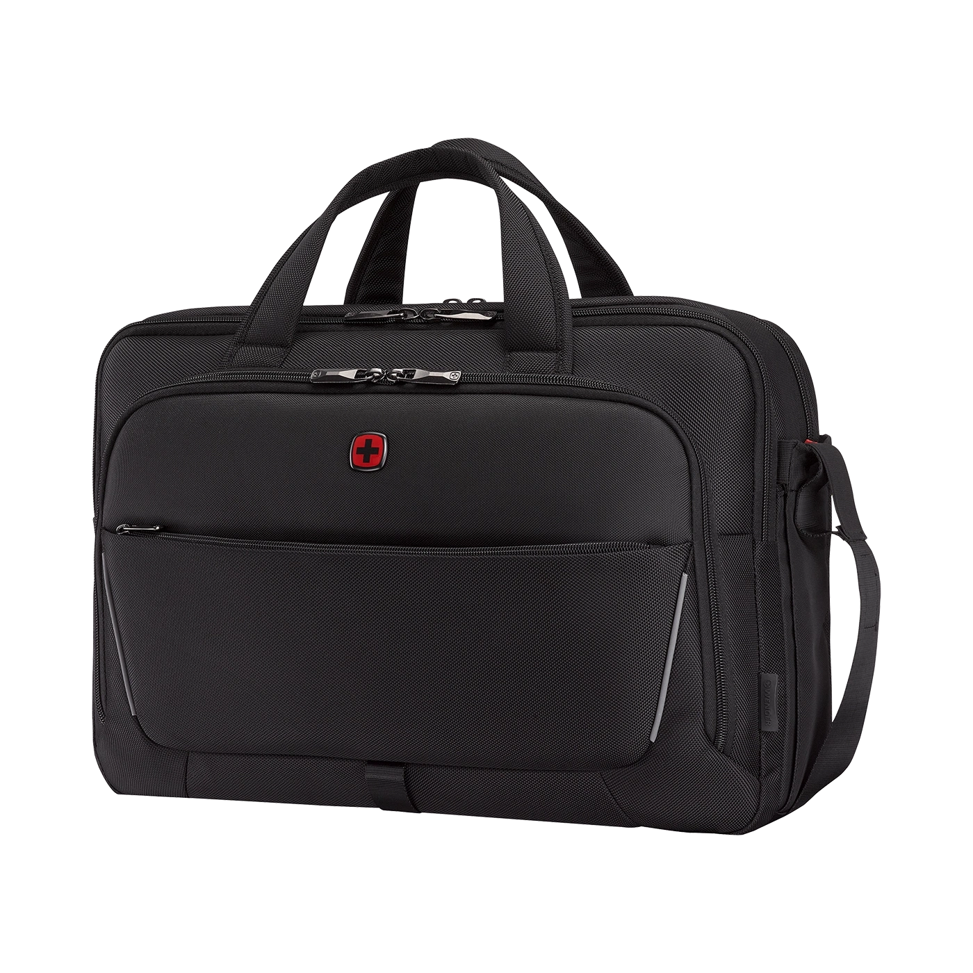 Black briefcase with handles and shoulder strap, Swiss cross logo on front