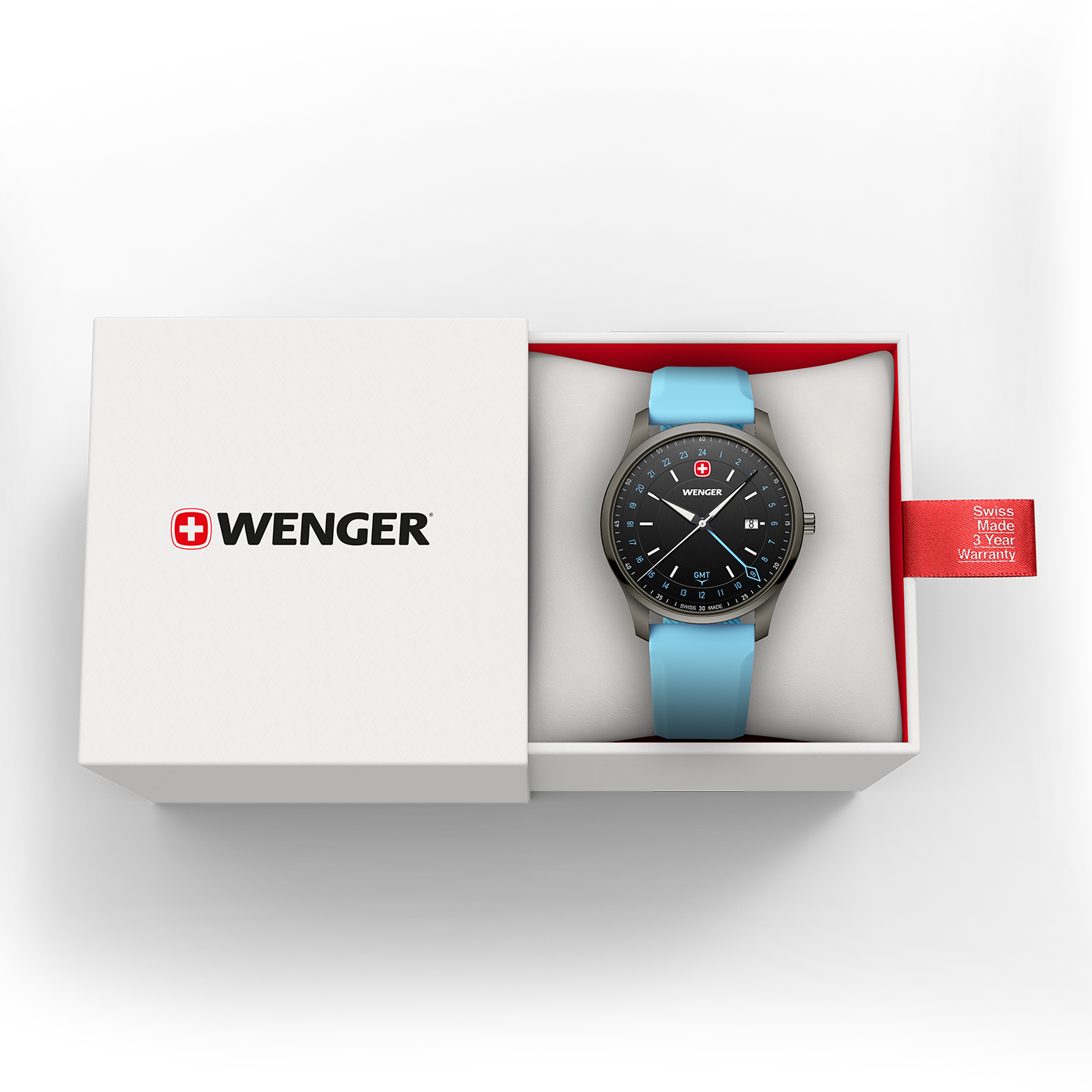 A silver Wenger chronograph watch with a blue strap in a white box with a warranty tag.