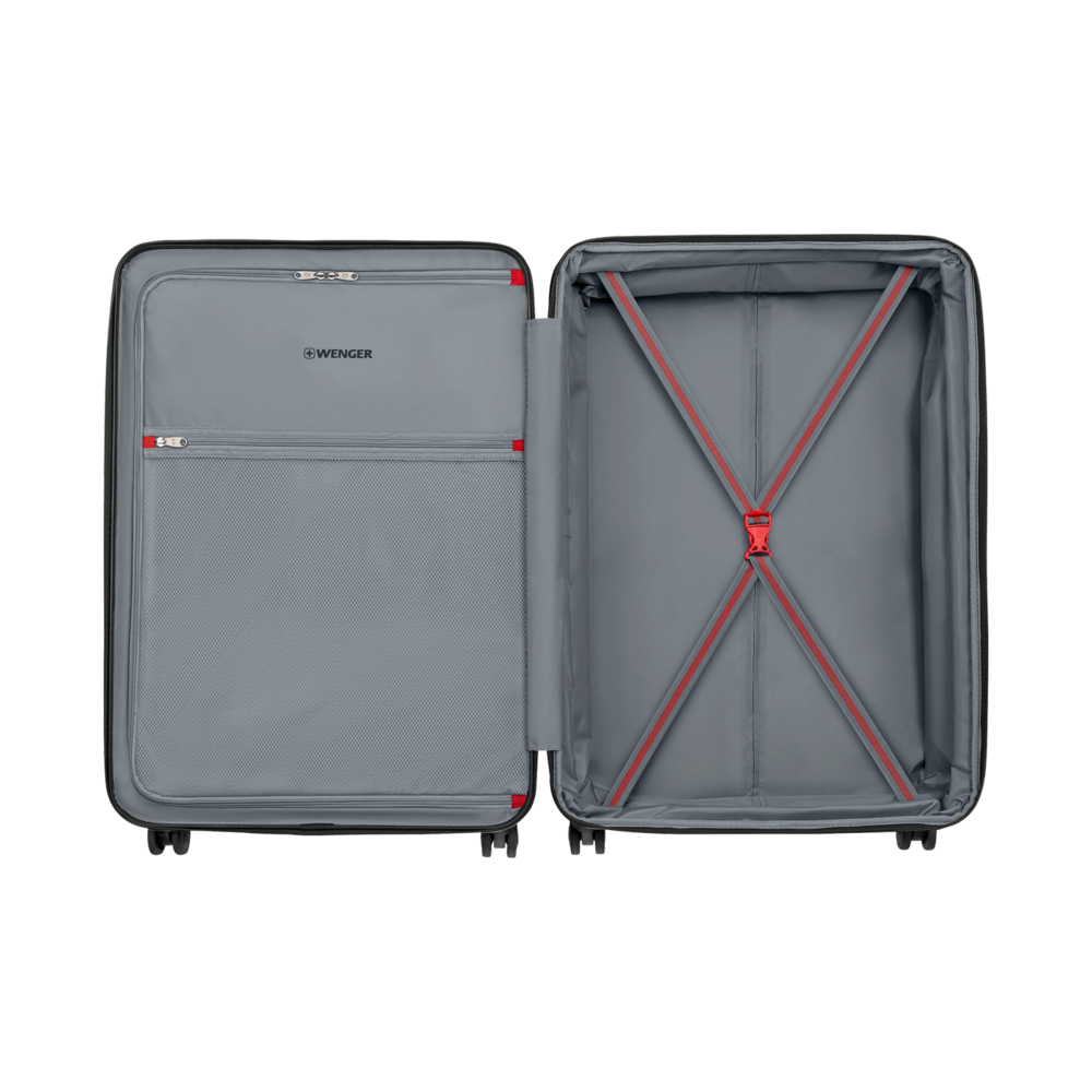 Open suitcase with gray interior and red accents, brand Wenger. Inside view.