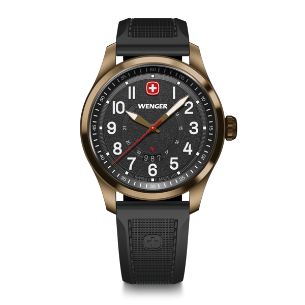 Wenger watch with black dial and gold case, black strap, Swiss made, time.