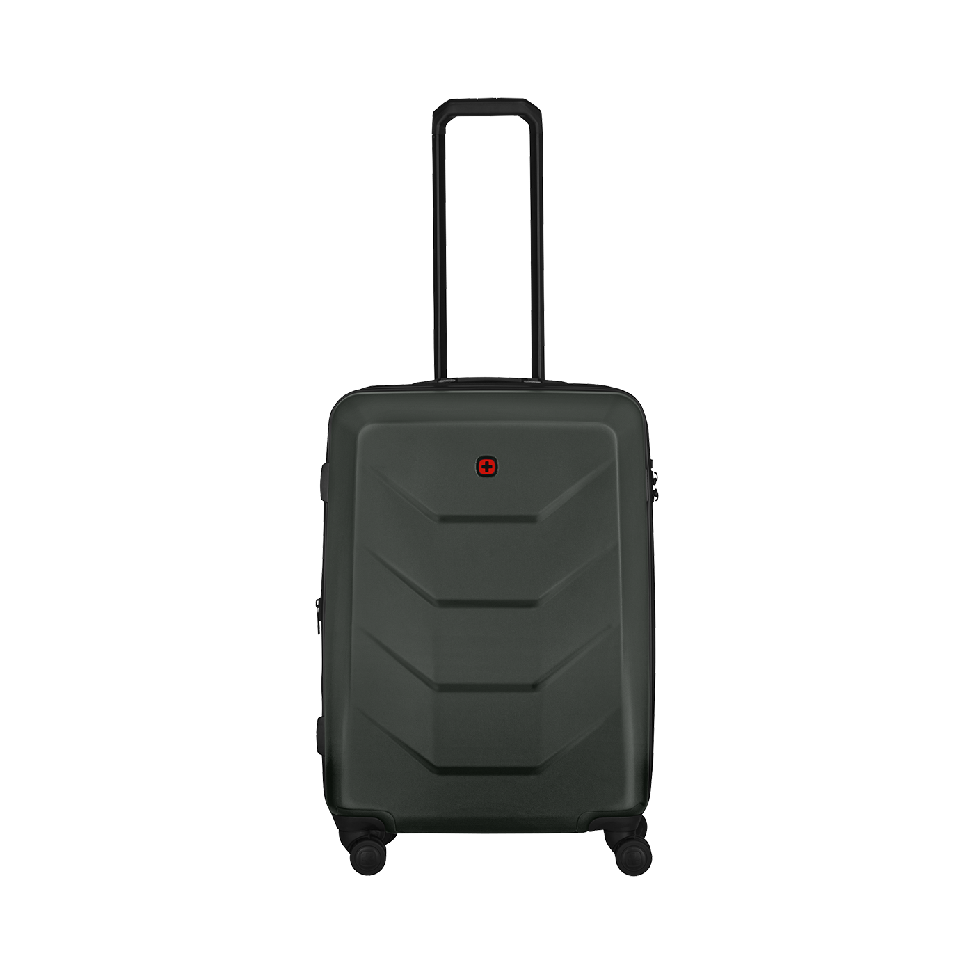 Black suitcase with retractable handle and wheels, isolated on white background