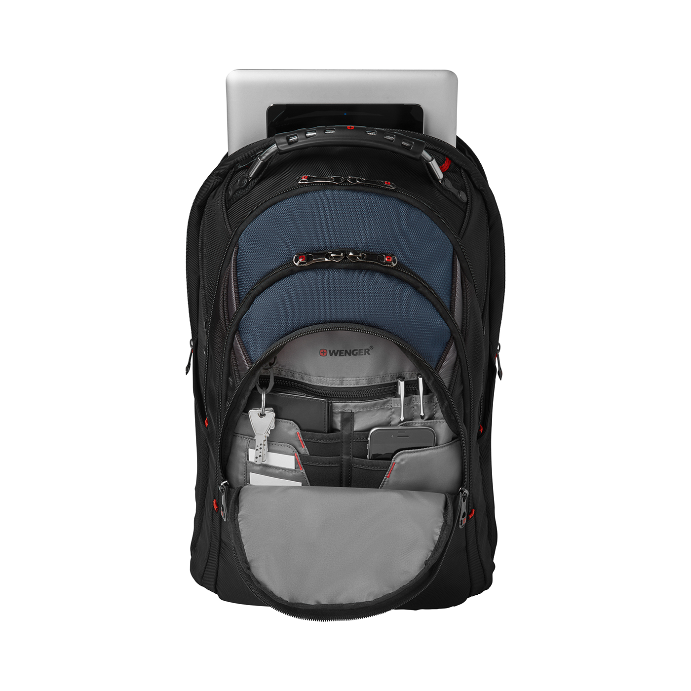 Black backpack with laptop and accessories, open, on a black background.