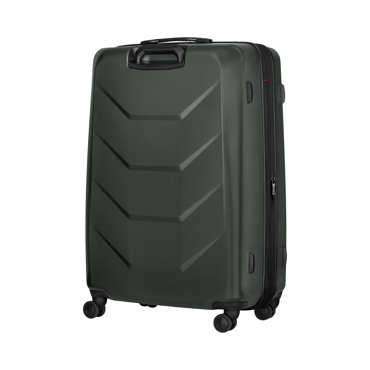 Dark green suitcase with handle and wheels, for travel and luggage transport.
