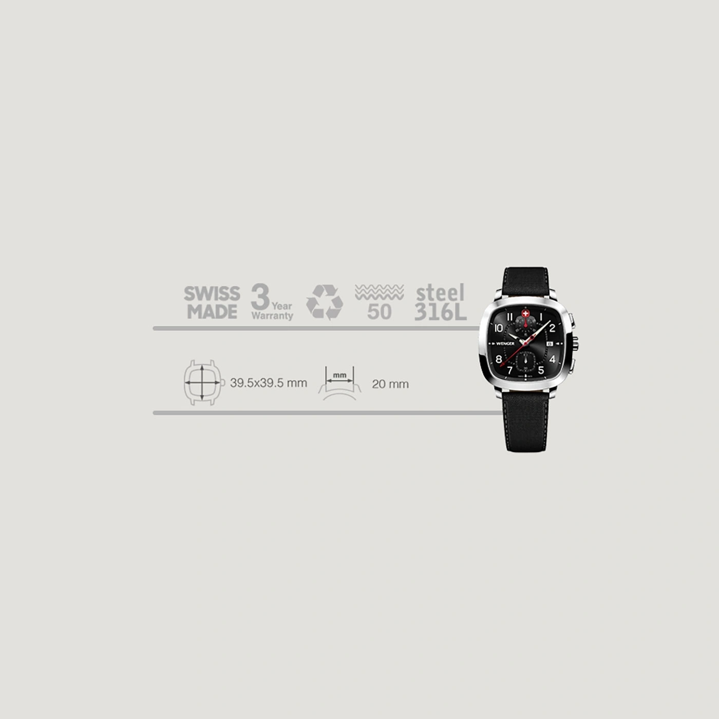 Schweizer Uhr mit schwarzem Zifferblatt, Stahlgehäuse und Lederarmband, 3 Jahre Garantie.