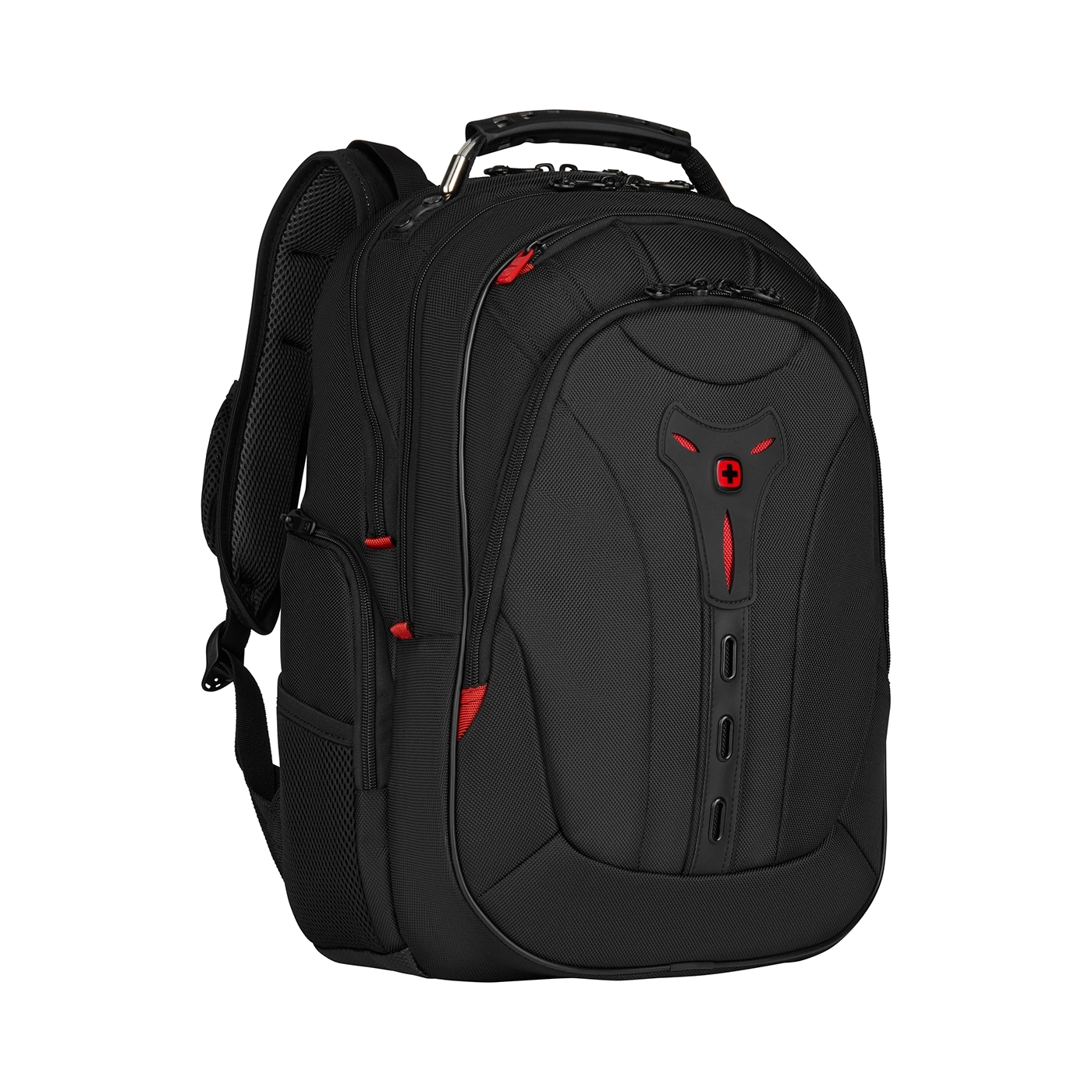 Black backpack with red accents and logo on a black background, modern design.