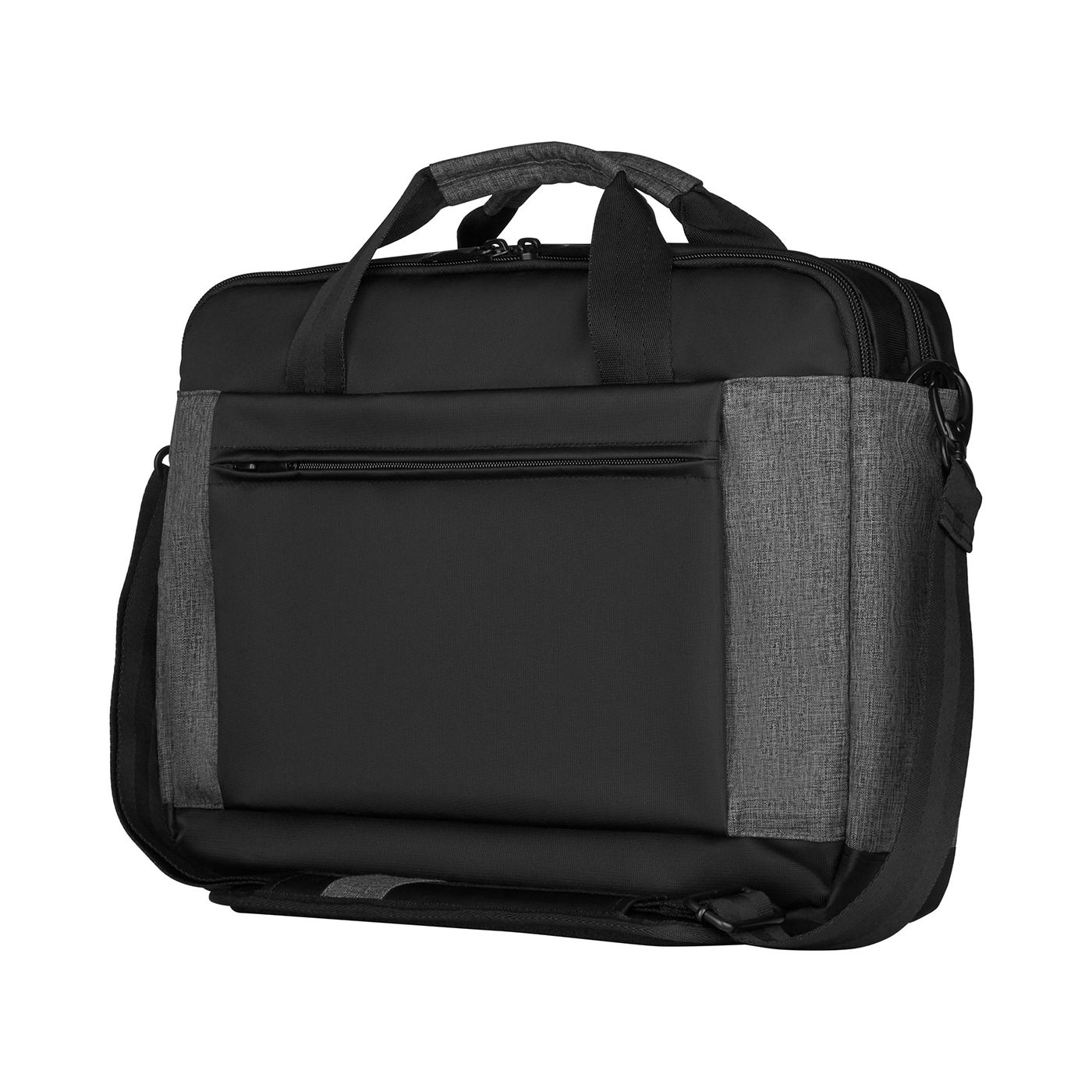 Black briefcase with gray accents and zippers, isolated on a black background