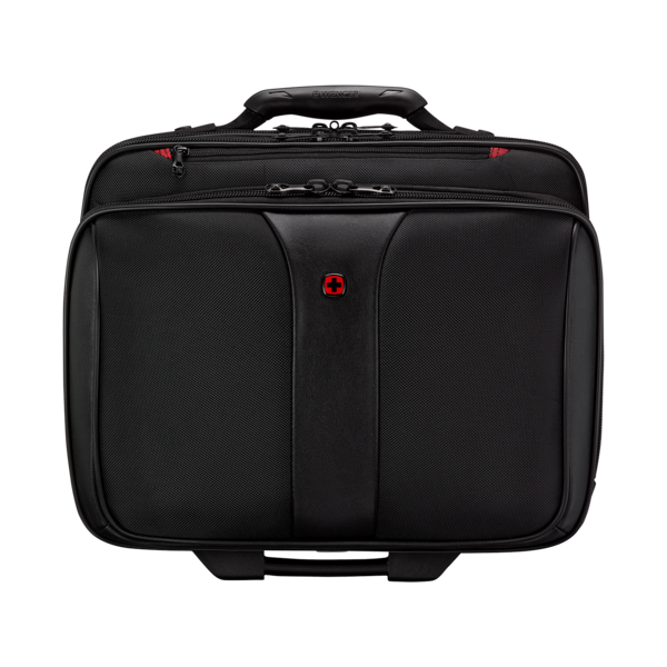Black suitcase with handle and logo, perfect for travel and work purposes.