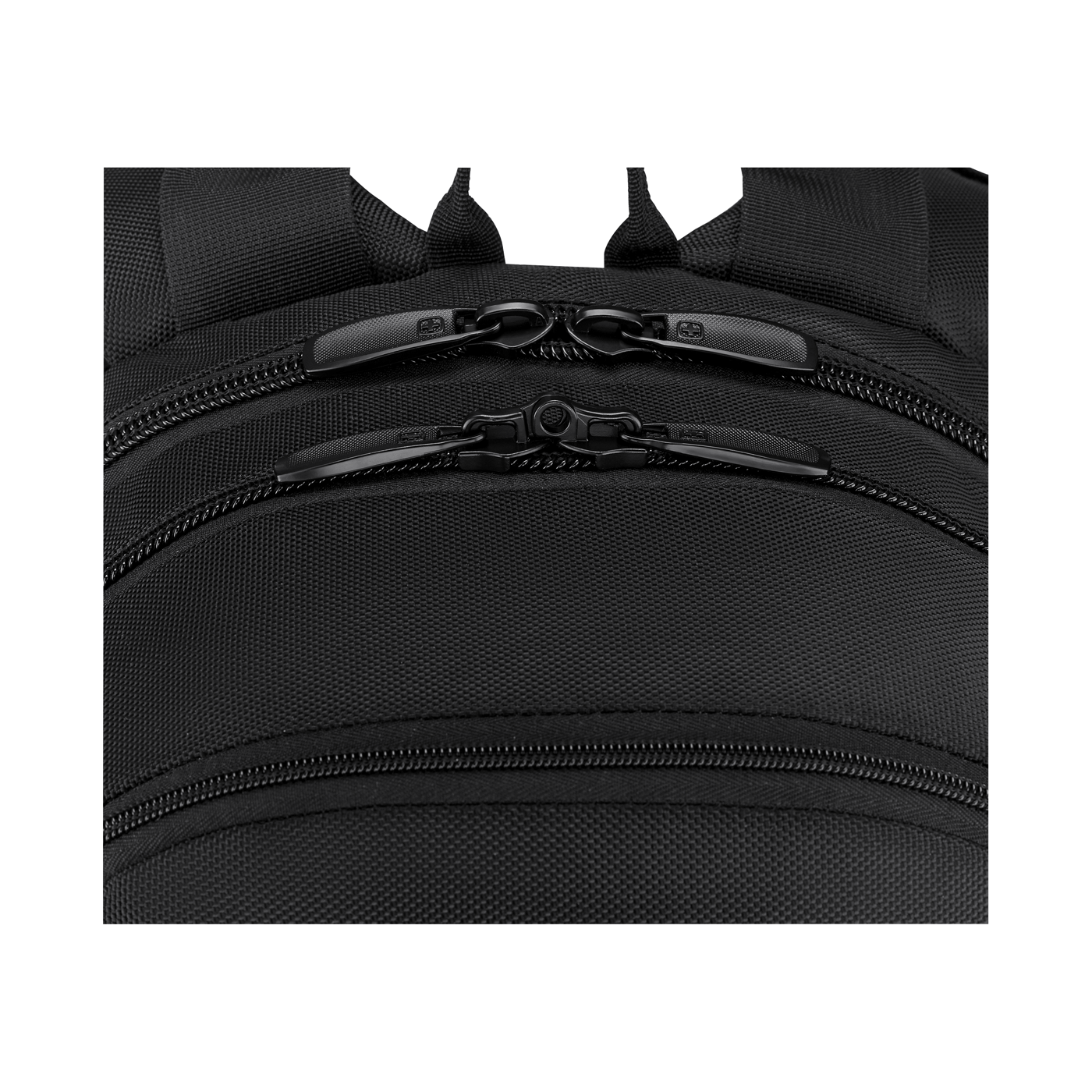 Close-up of a black backpack with two zippers and Wenger logo.