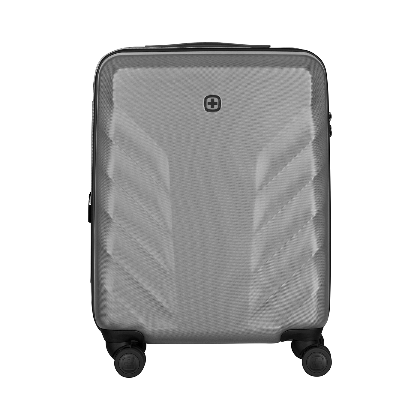 Gray suitcase with logo and wheels on black background, travel luggage