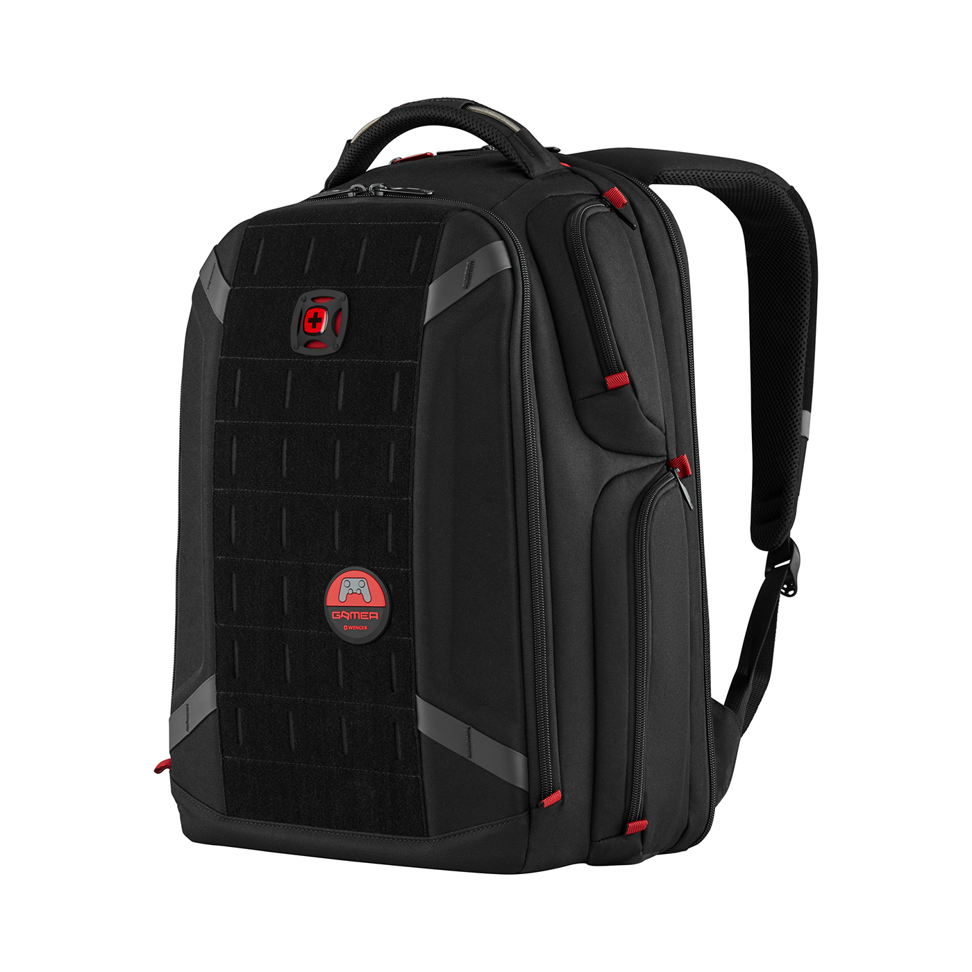 Black gamer backpack with red accents and logo on a black background.