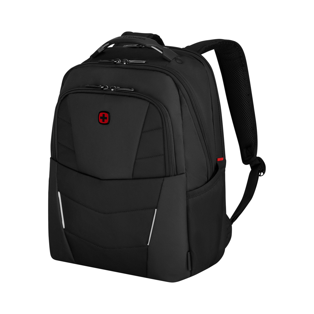 Black backpack with red logo and white stripes isolated on black background.