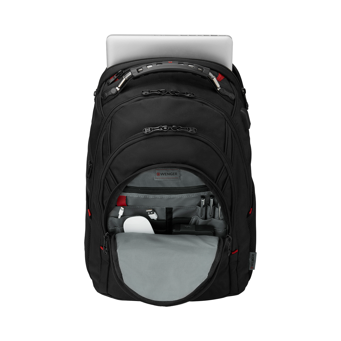 Black backpack with laptop and open compartments, Wenger brand visible.